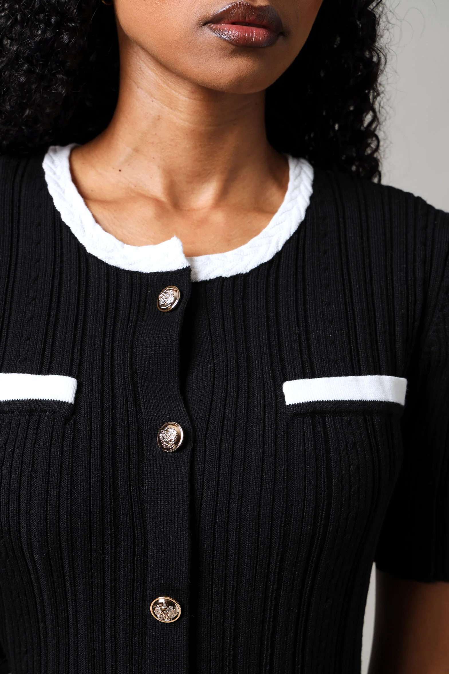 Short Sleeve Contrast Knitwear Dress - Black/White - Image 3