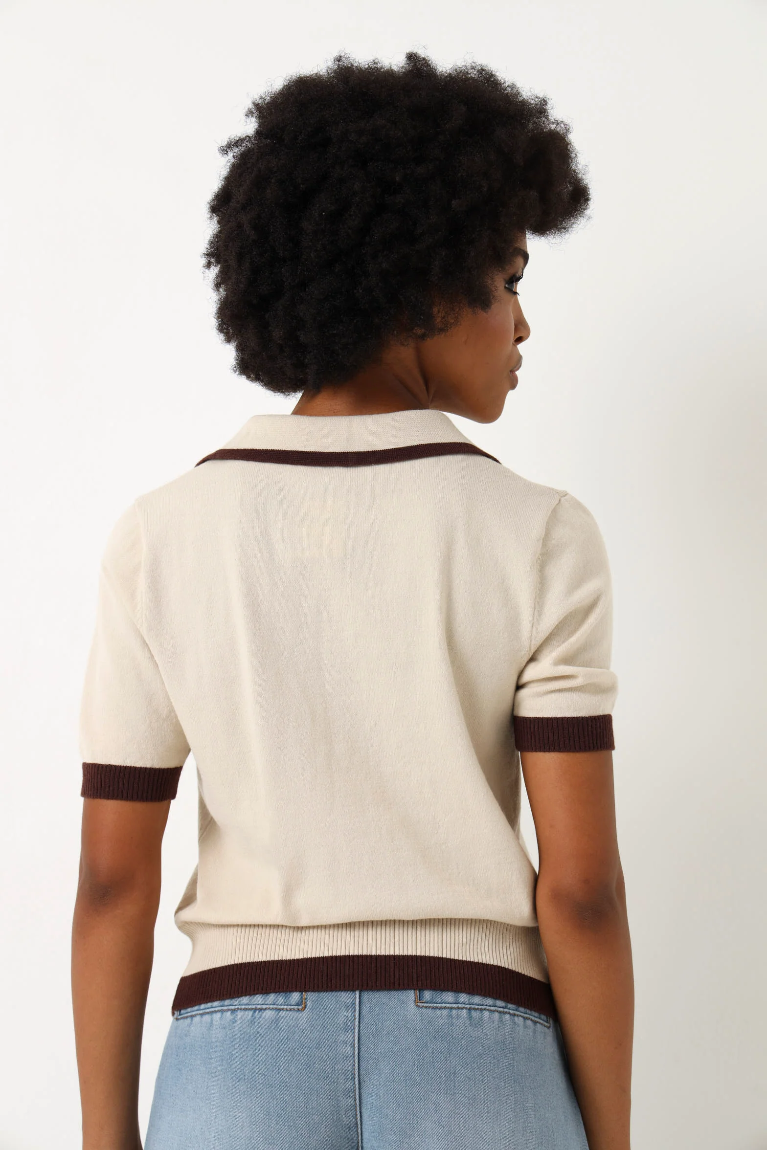 Short sleeve Contrast Knitwear Golfer - Beige - Image 5