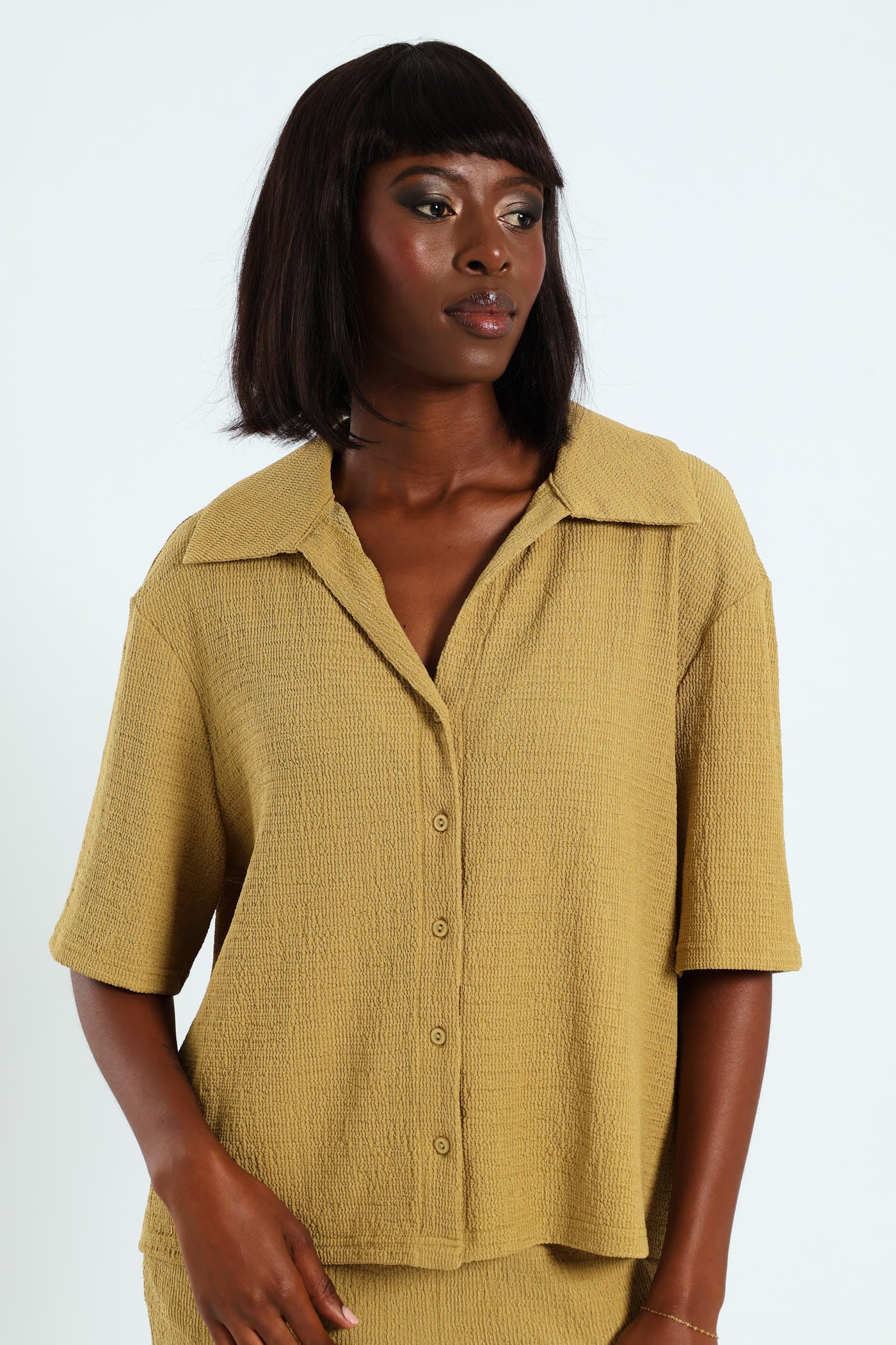 Short Sleeve Crinkle Knit Button Through Shirt - Avocado