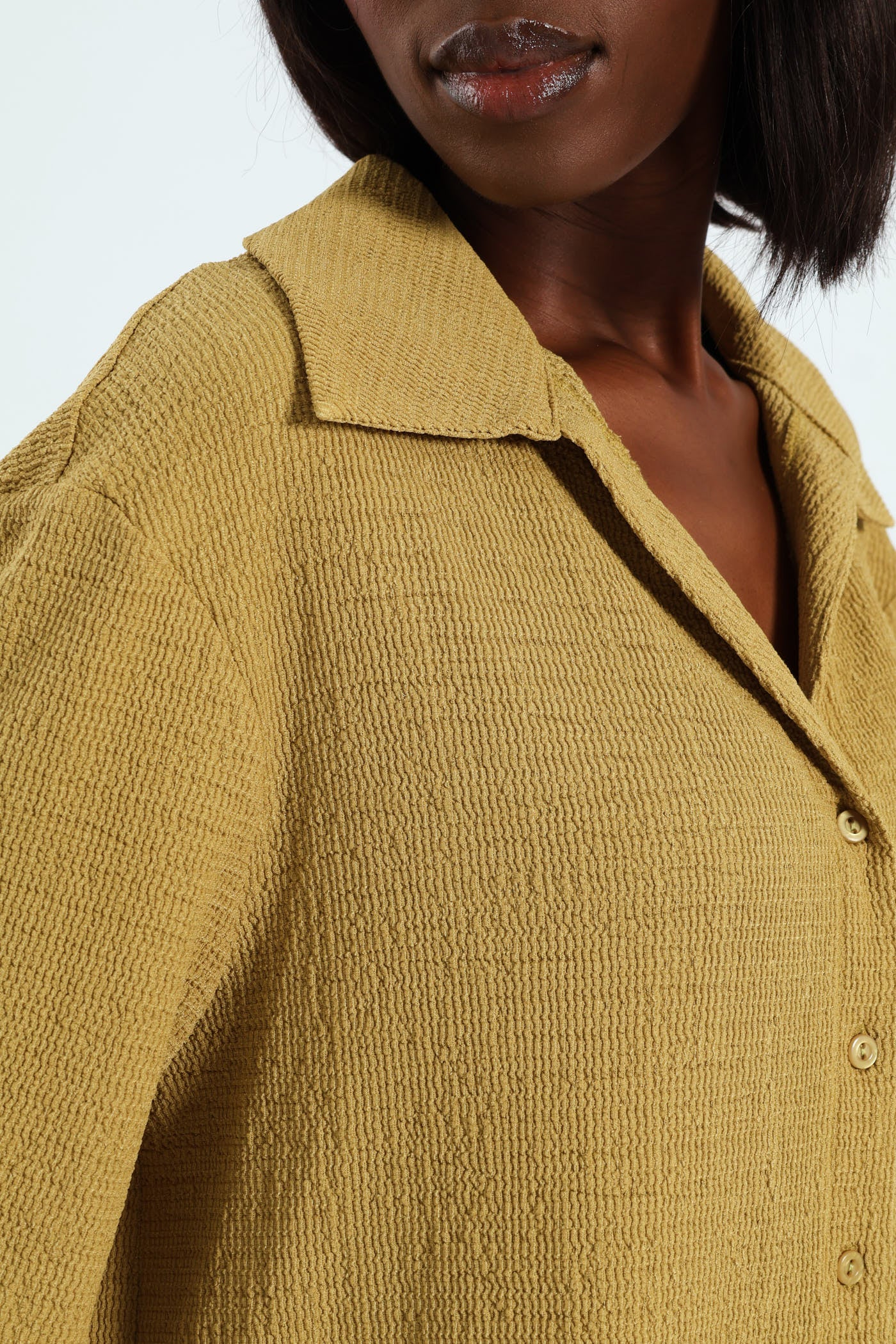 Short Sleeve Crinkle Knit Button Through Shirt - Avocado - Image 4
