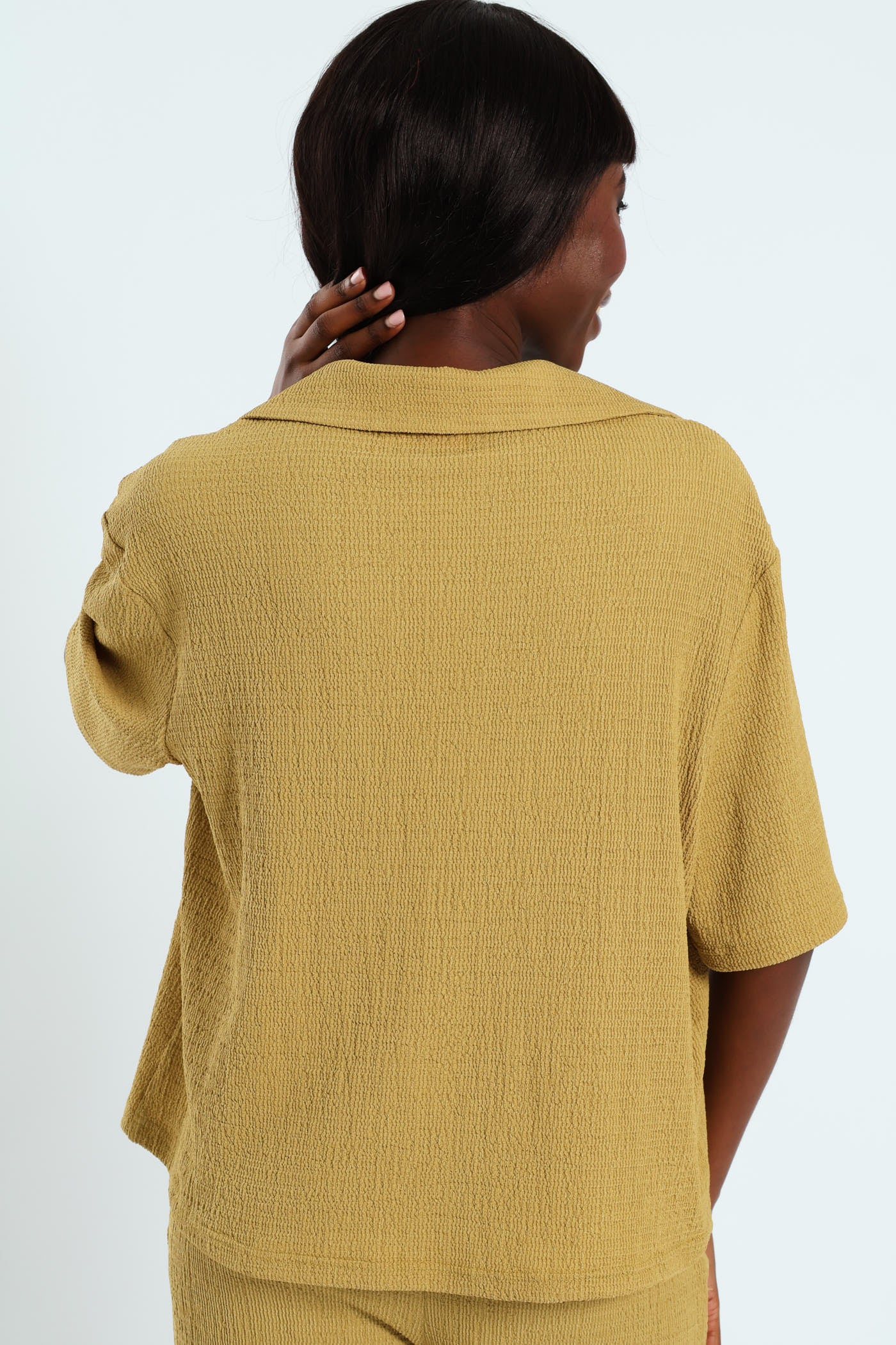 Short Sleeve Crinkle Knit Button Through Shirt - Avocado - Image 6