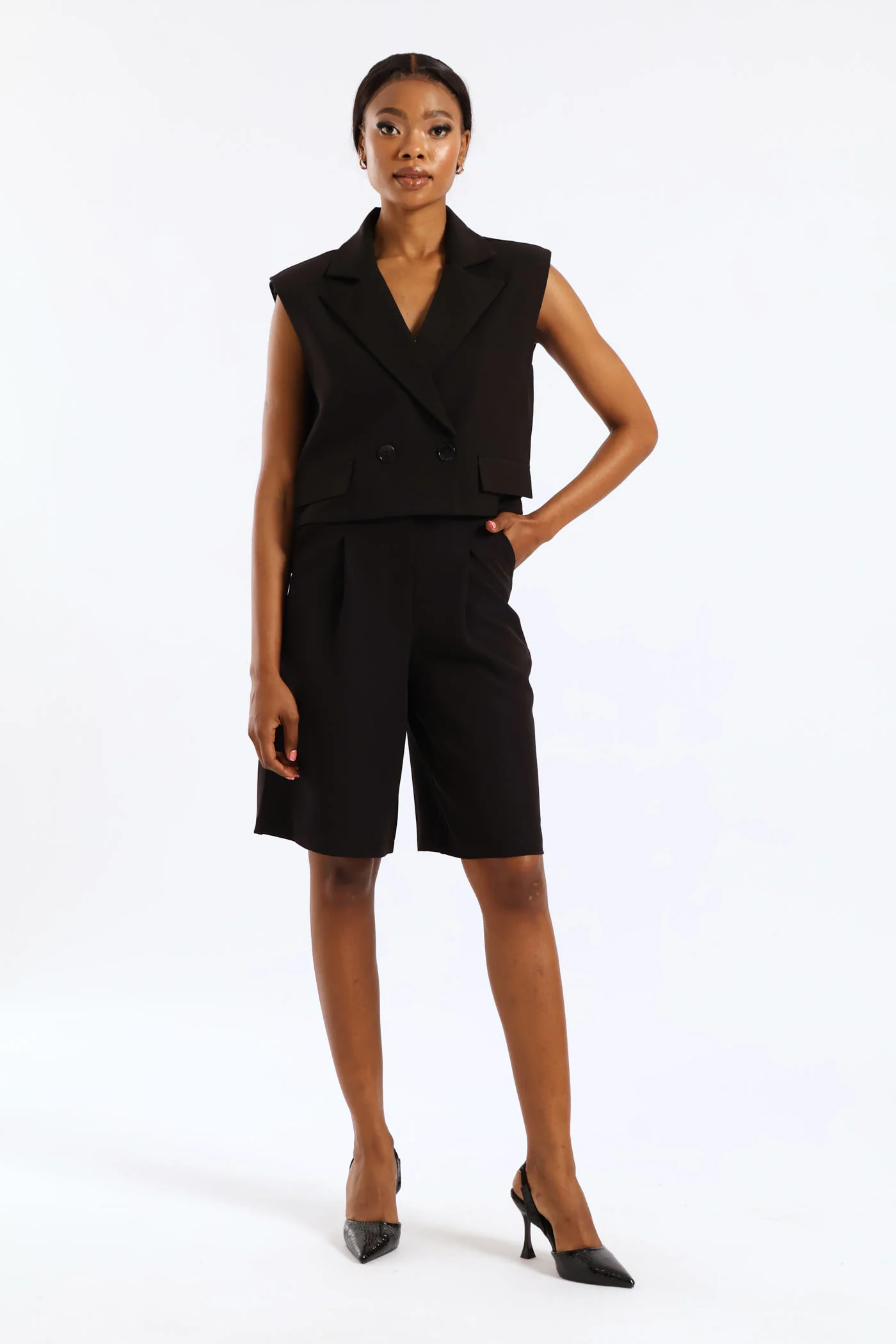 Short Sleeve Cropped Blazer - Black - Image 4