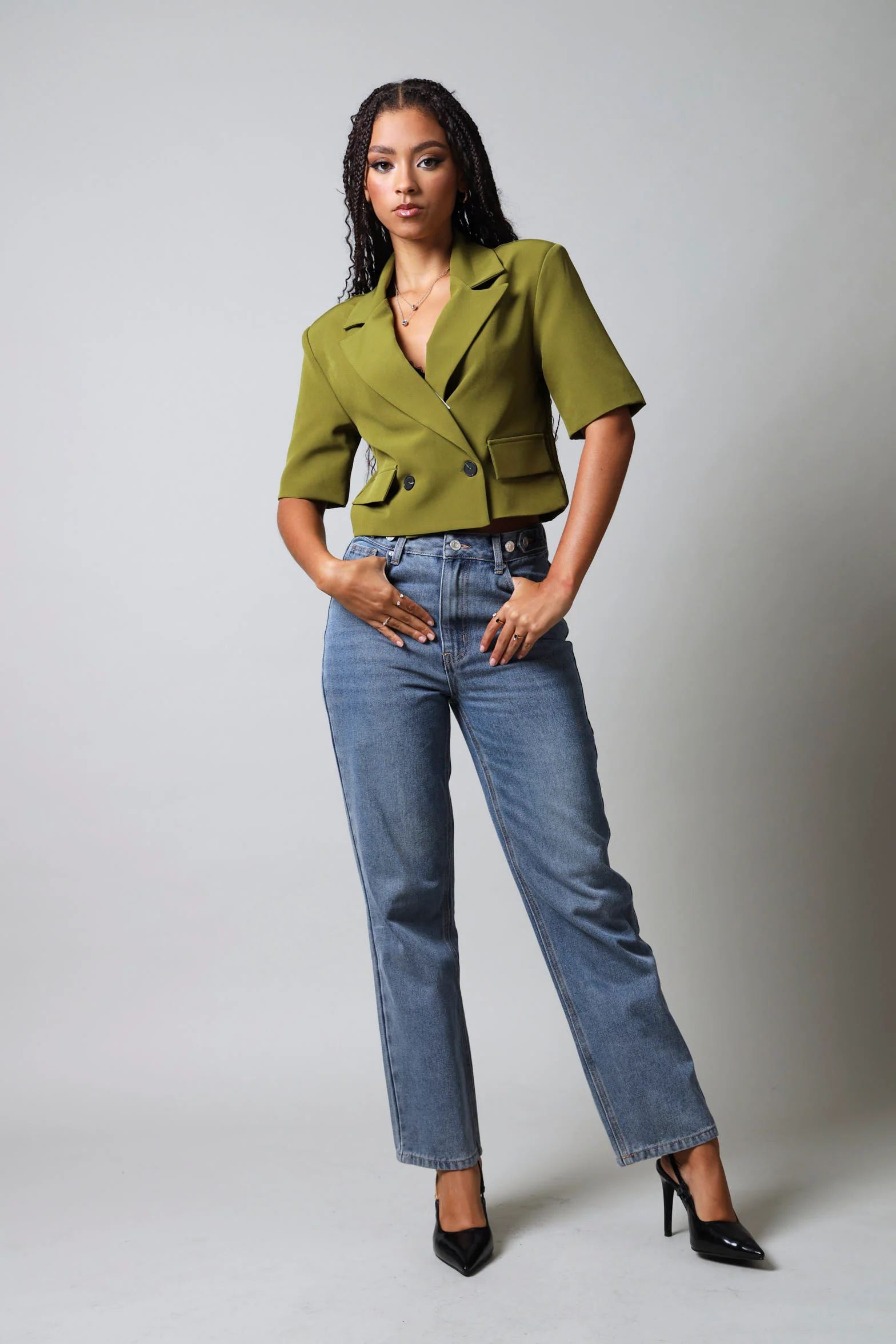 Short Sleeve Cropped Blazer - Fatigue - Image 2