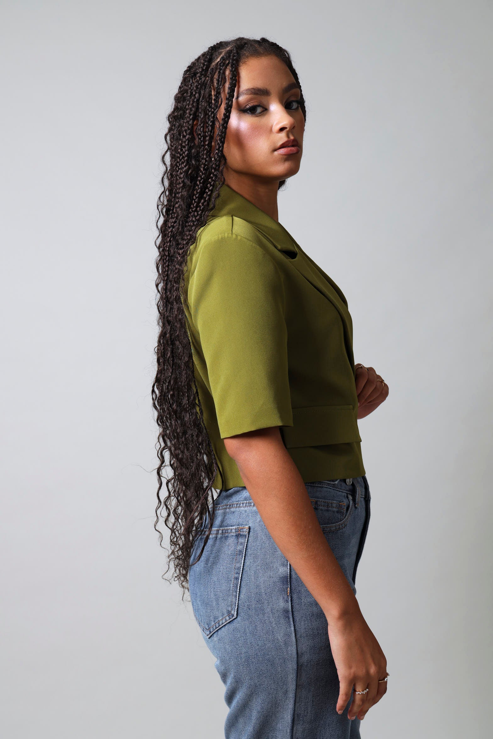 Short Sleeve Cropped Blazer - Fatigue - Image 5