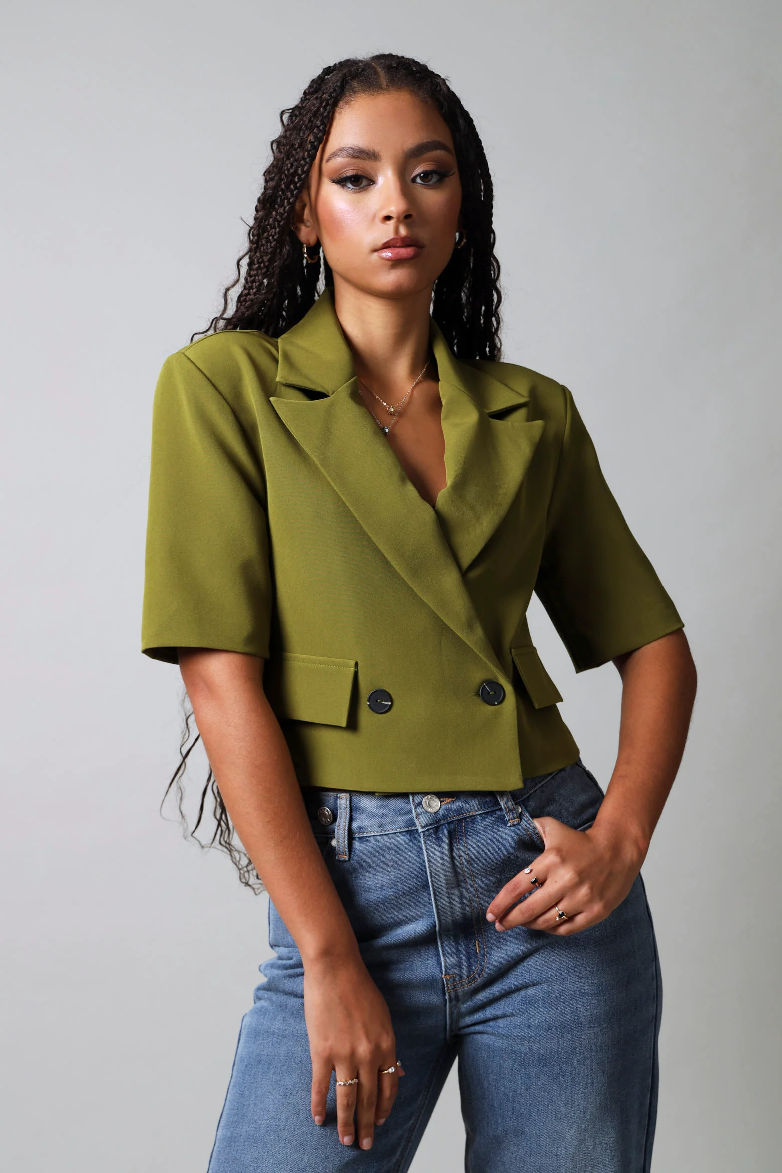 Short Sleeve Cropped Blazer - Fatigue - Image 7