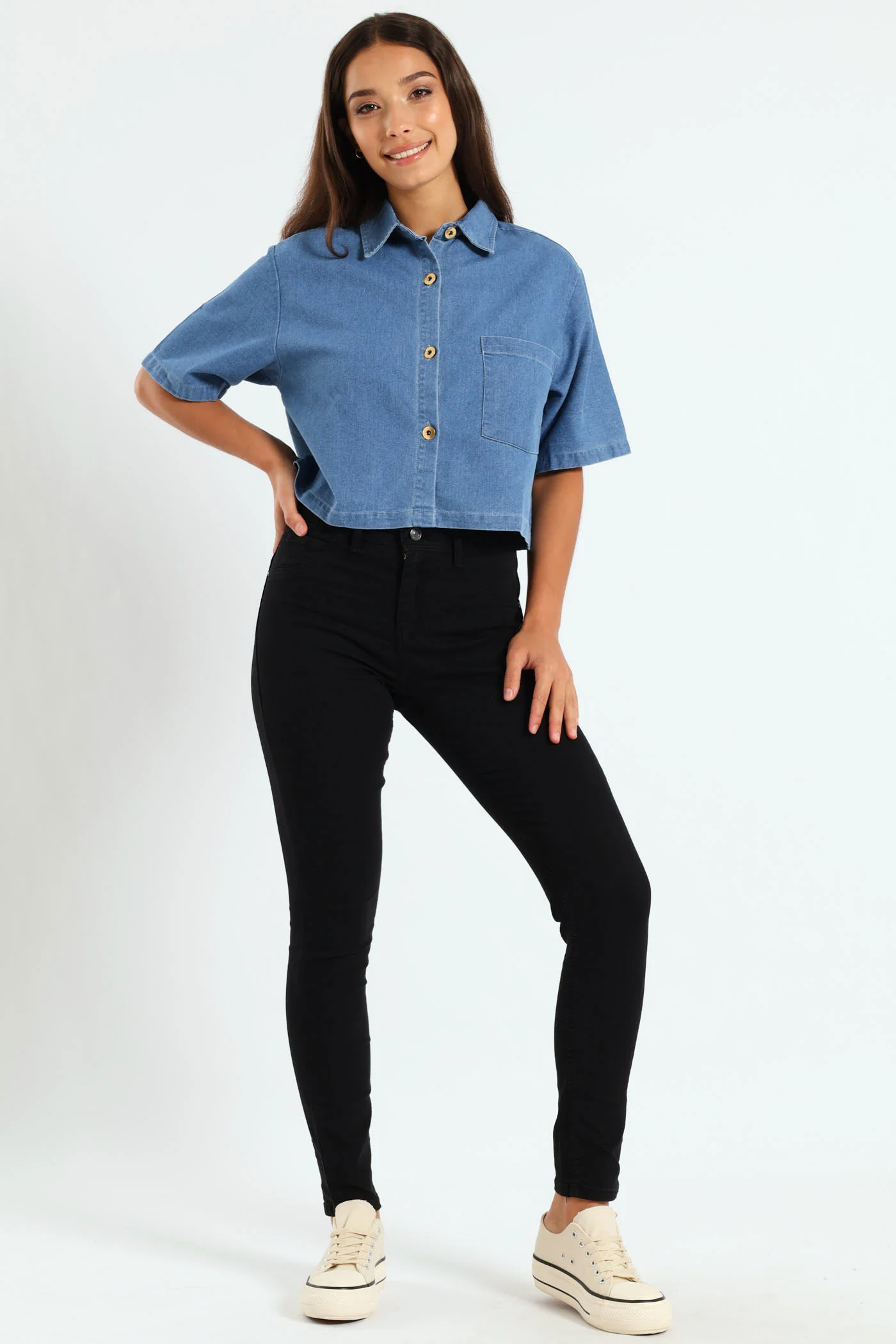 Short Sleeve Cropped Denim Shirt - Light Wash - Image 3