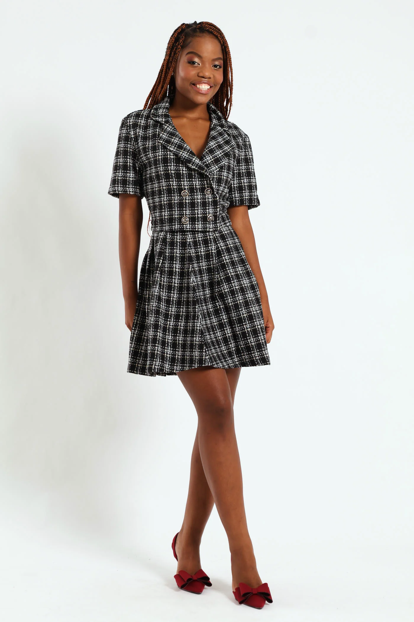 Short Sleeve Cropped Tweed Jacket - Black/White