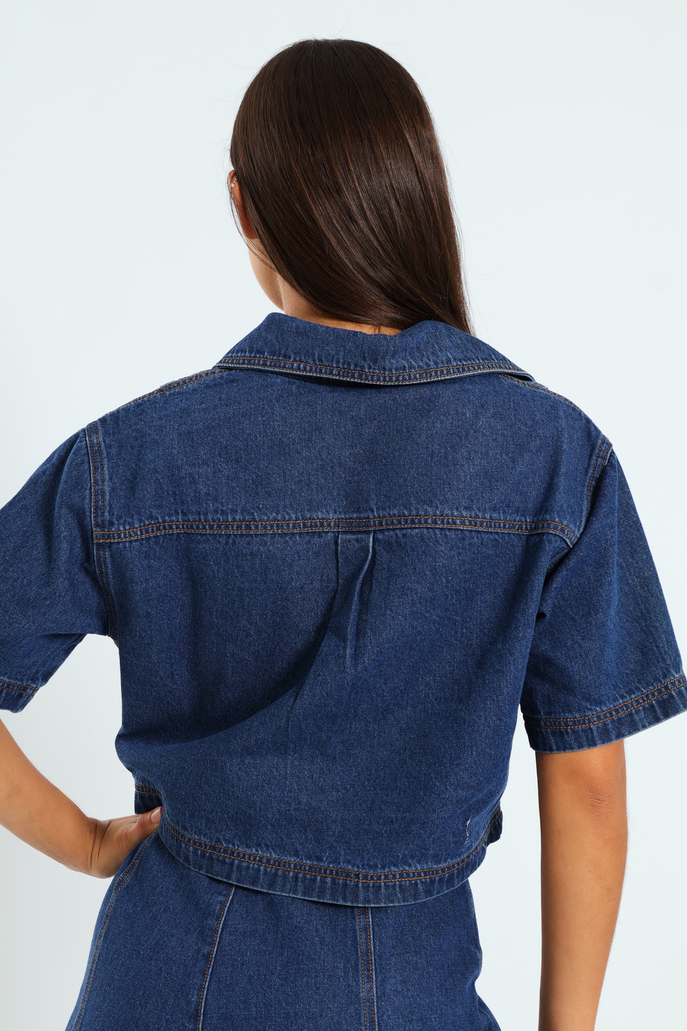 Short Sleeve Denim Crop Shirt - Ink - Image 5
