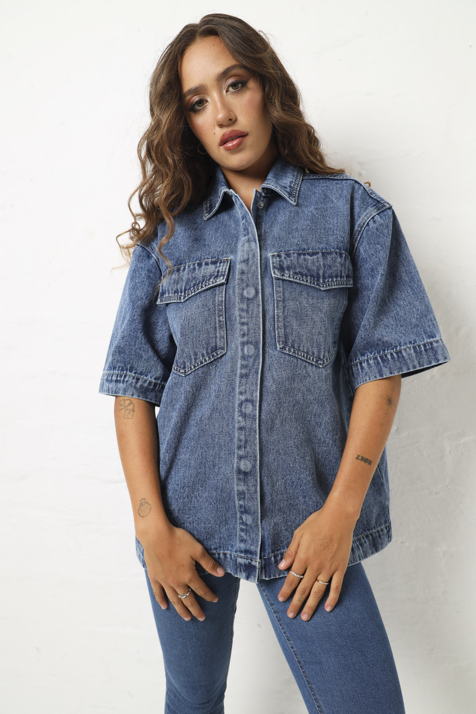 Short Sleeve Denim Shacket - Medium Wash