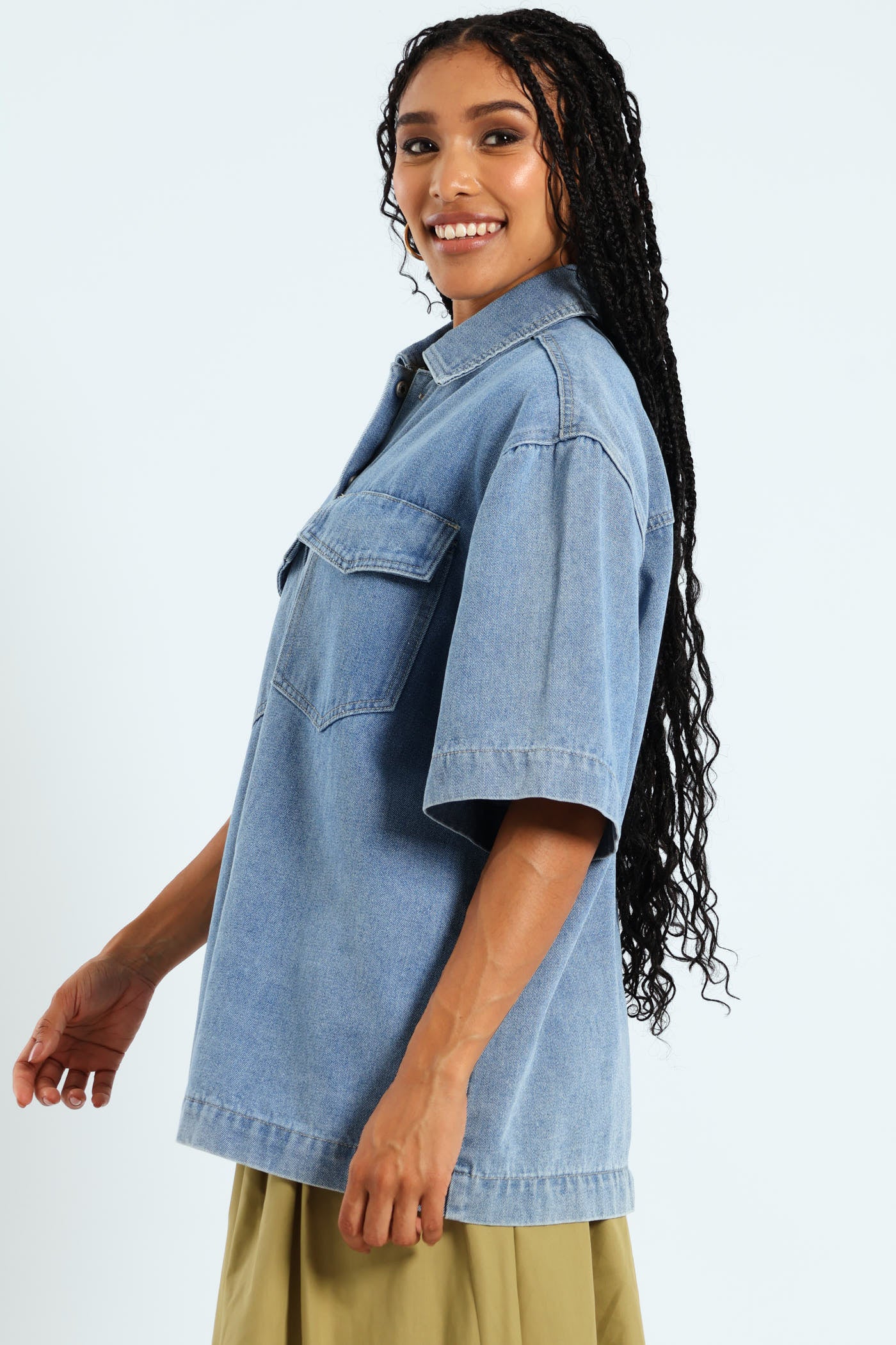 Short Sleeve Denim Shacket - Stonewash - Image 3