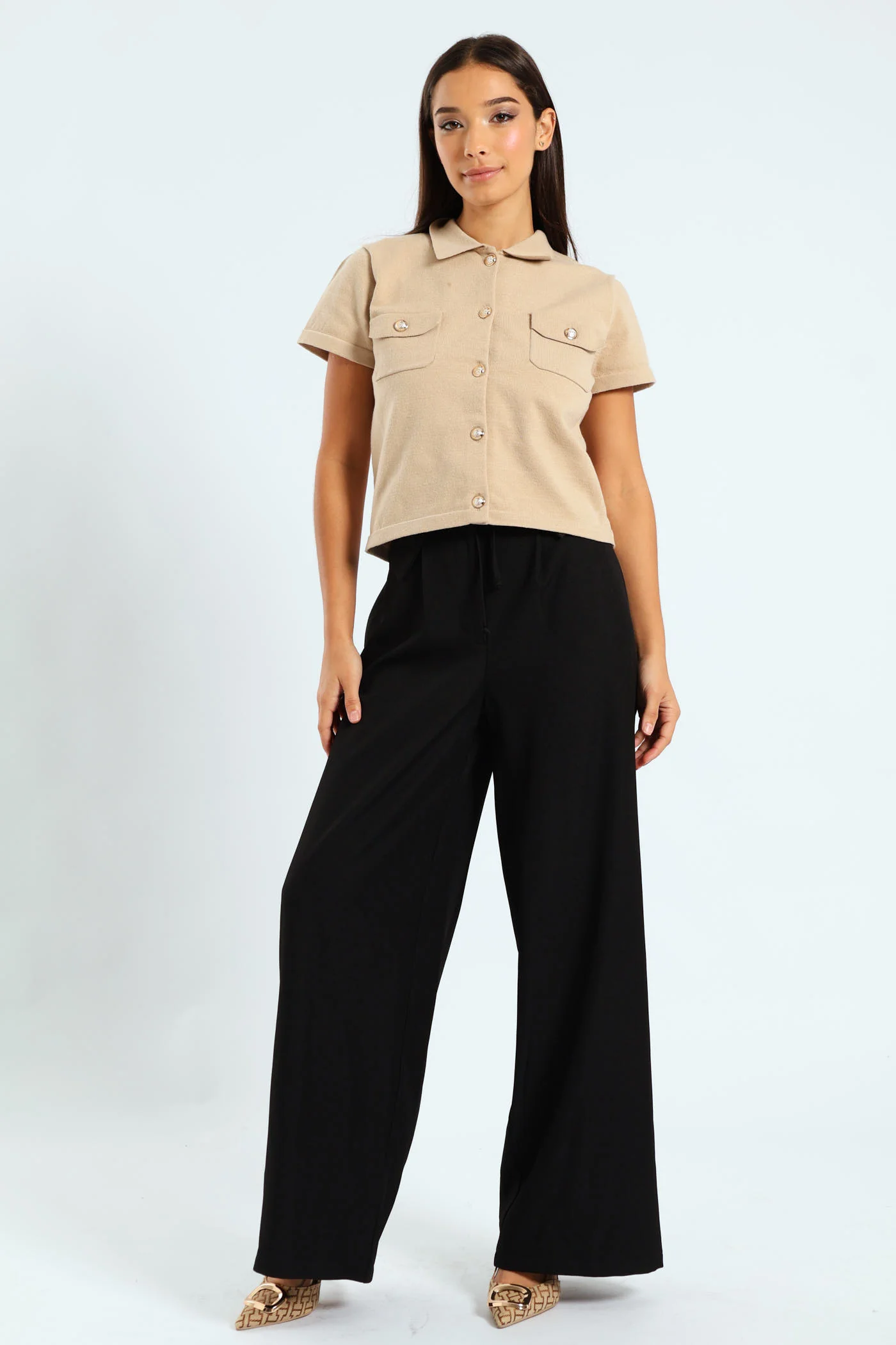 Short Sleeve Fancy Button Detail Top - Nude - Image 2