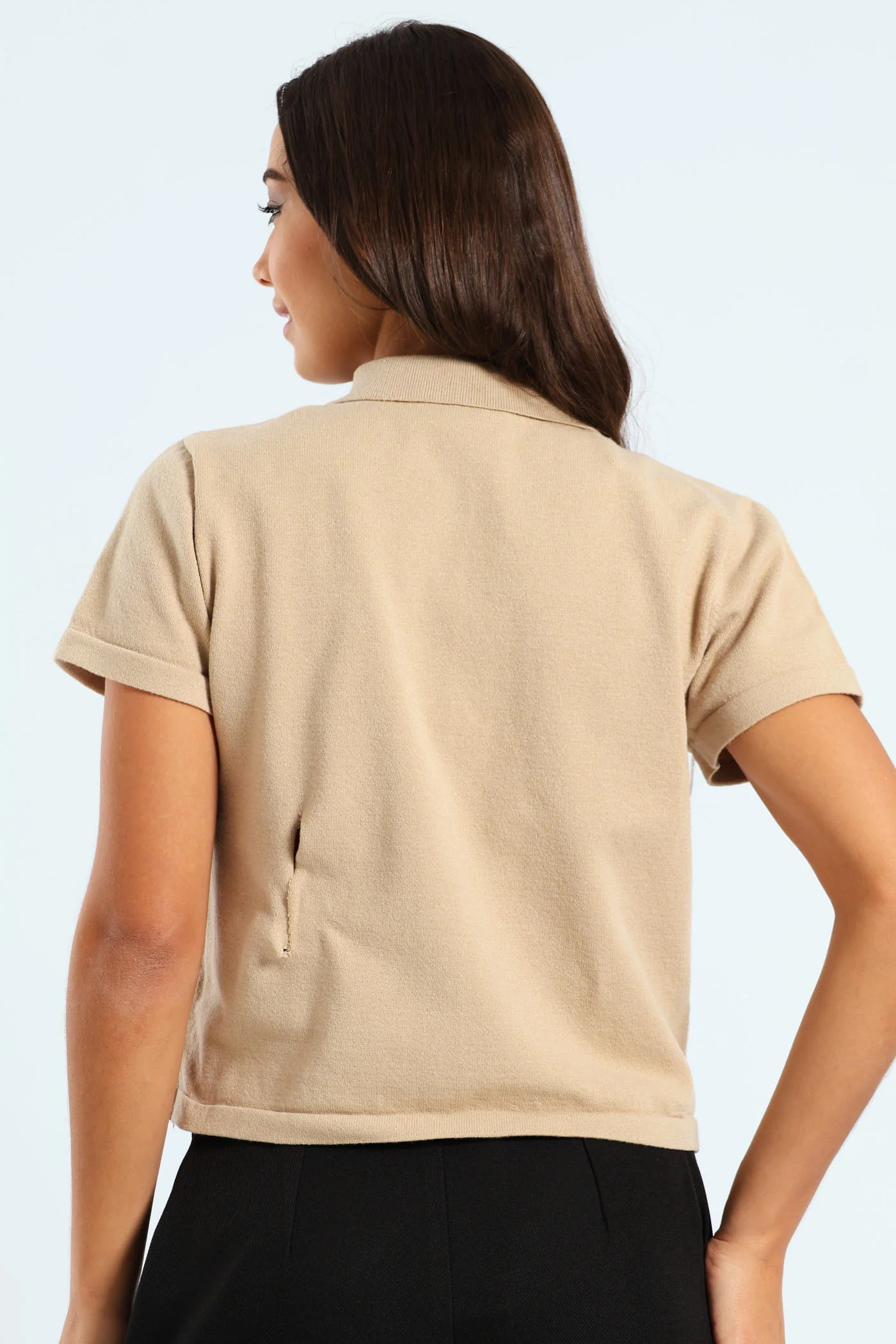 Short Sleeve Fancy Button Detail Top - Nude - Image 5