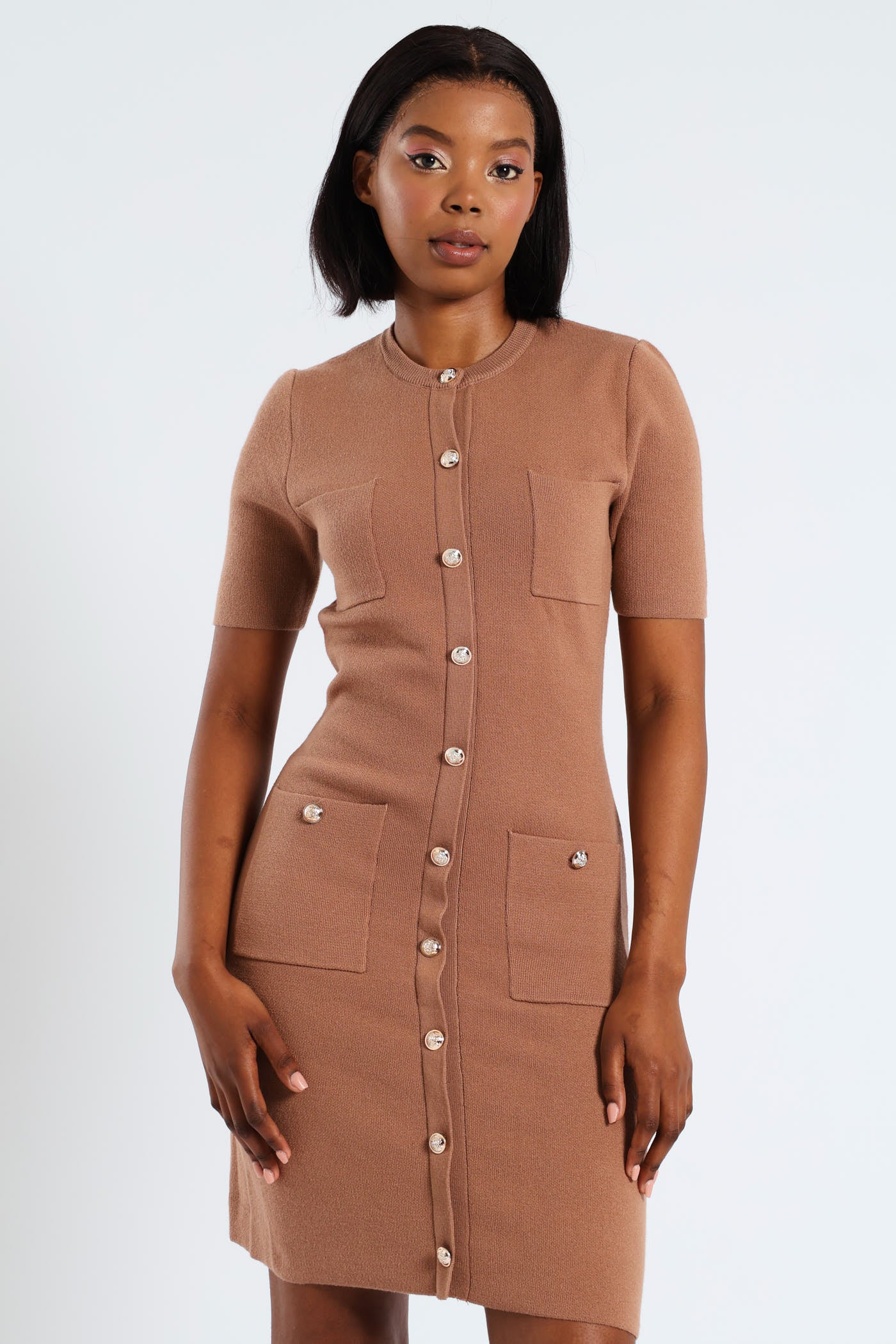 Short Sleeve Fancy Button Knitwear Dress - Tan