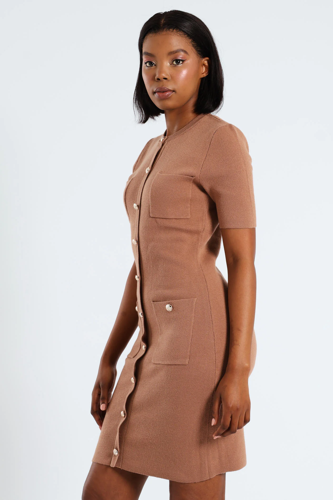 Short Sleeve Fancy Button Knitwear Dress - Tan - Image 3
