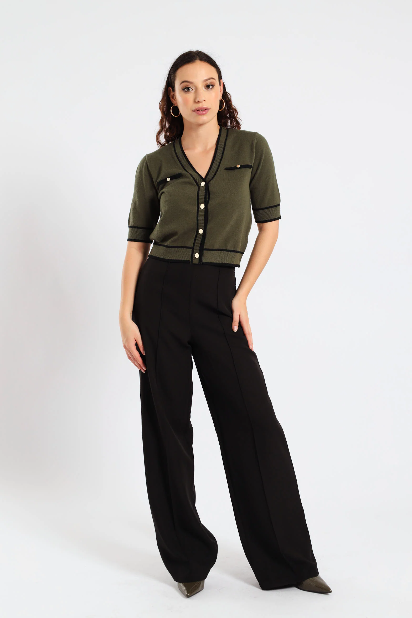 Short Sleeve Fancy Button Knitwear Top - Fatigue - Image 2