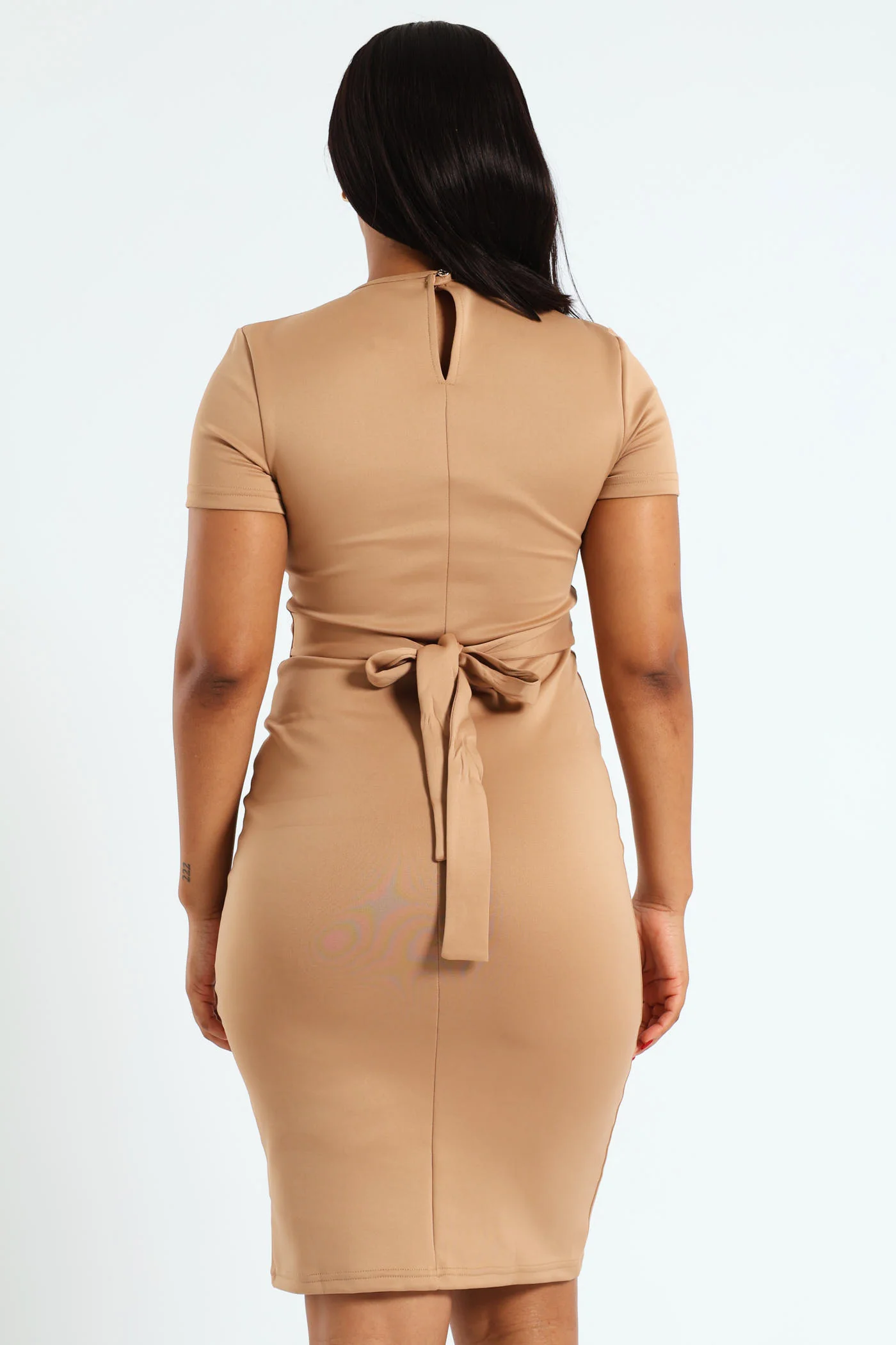 Short Sleeve Fancy Button Scuba Dress - Stone - Image 5