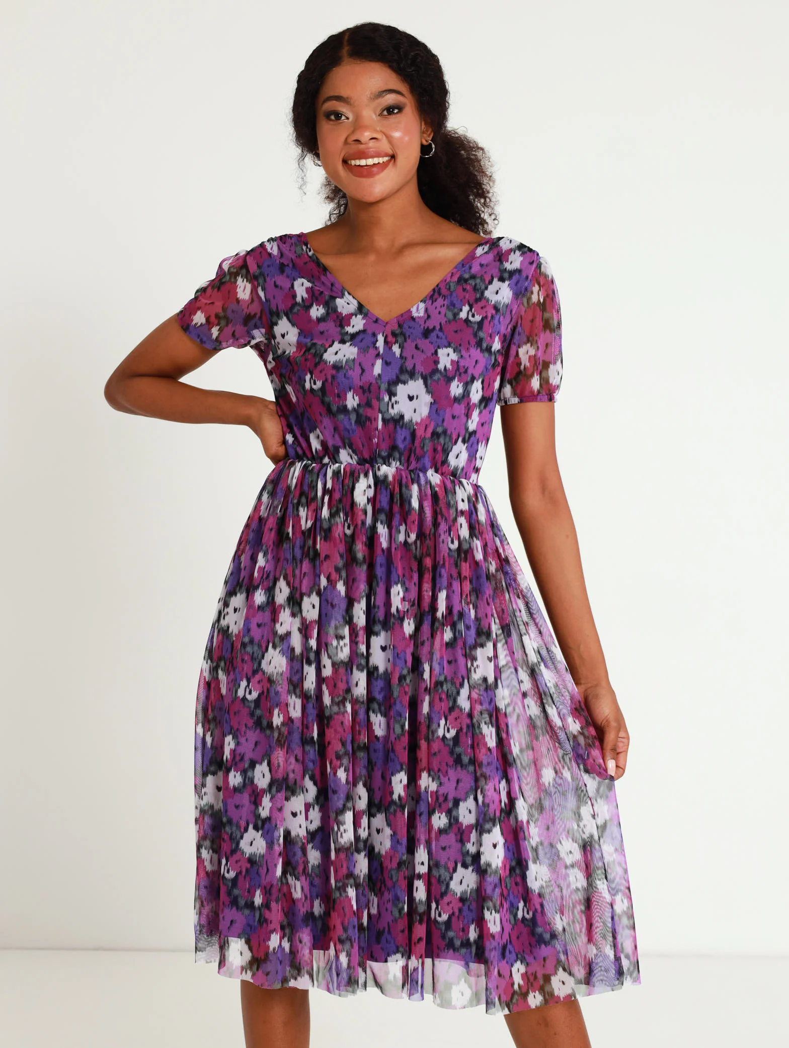 Short Sleeve Floral Waisted Prom Dress
