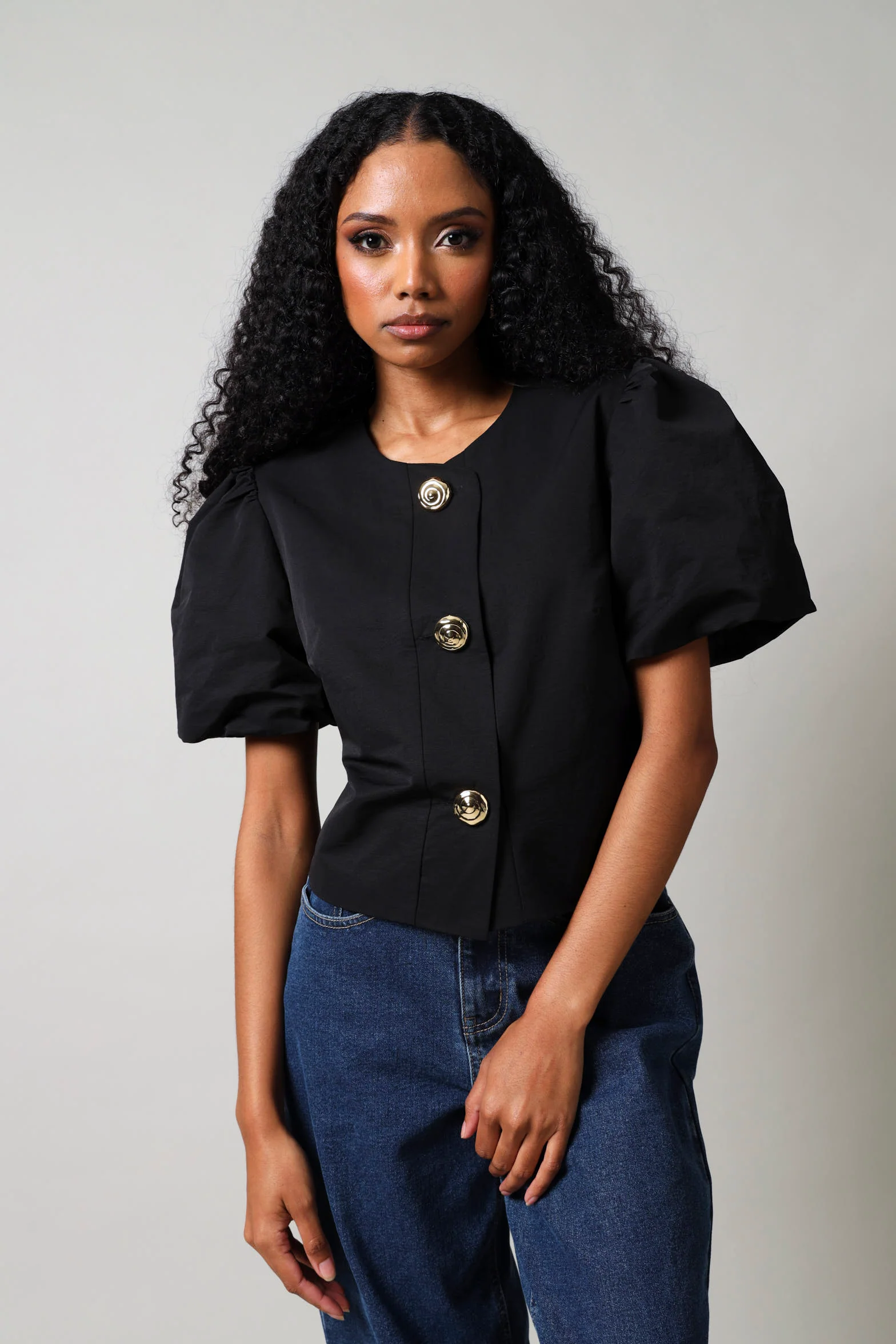 Short Sleeve Front Button  Blouse - Black