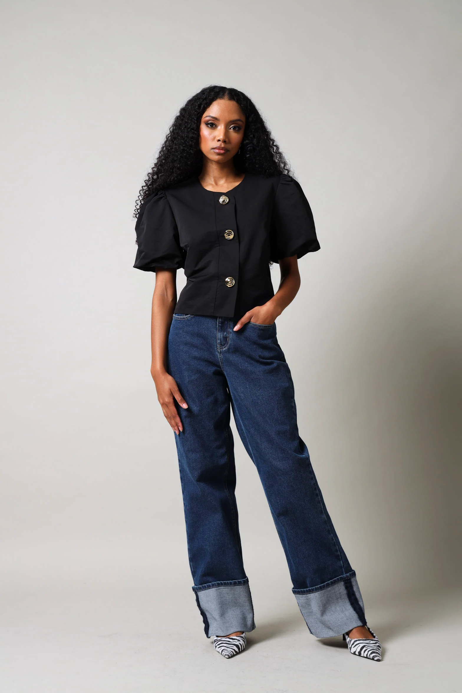 Short Sleeve Front Button  Blouse - Black - Image 2
