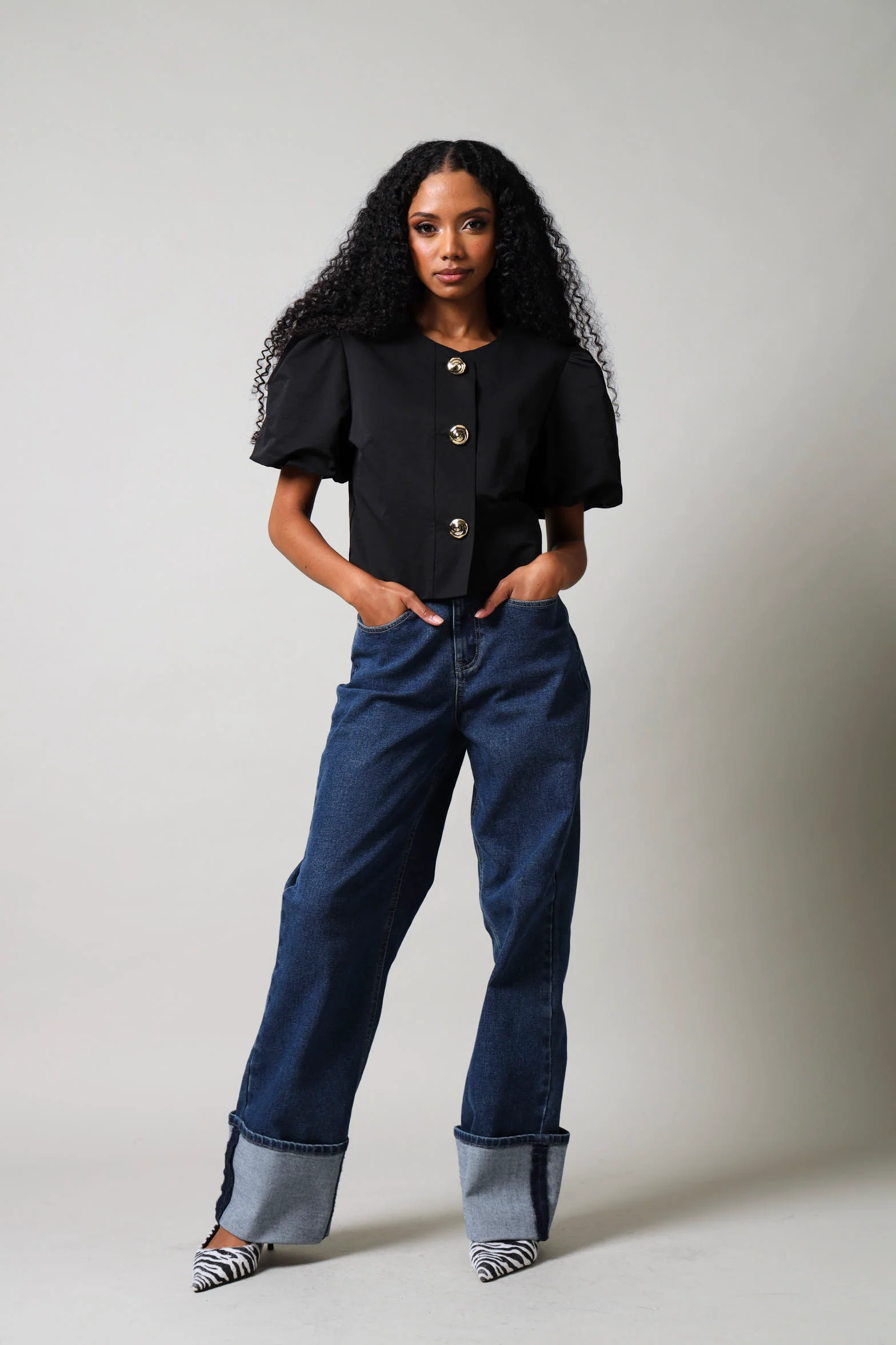 Short Sleeve Front Button  Blouse - Black - Image 6