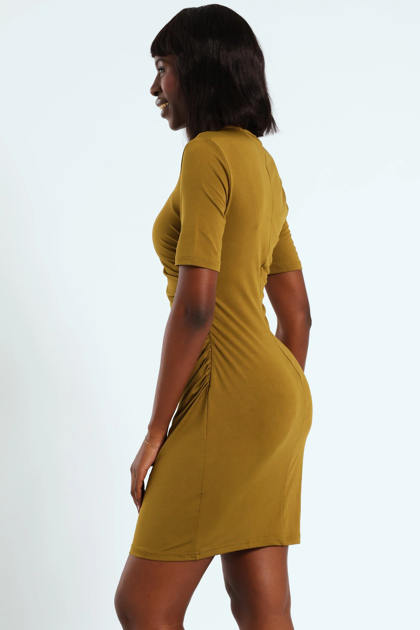 Short Sleeve Gauged Body Mini Dress - Chartreuse - Image 3