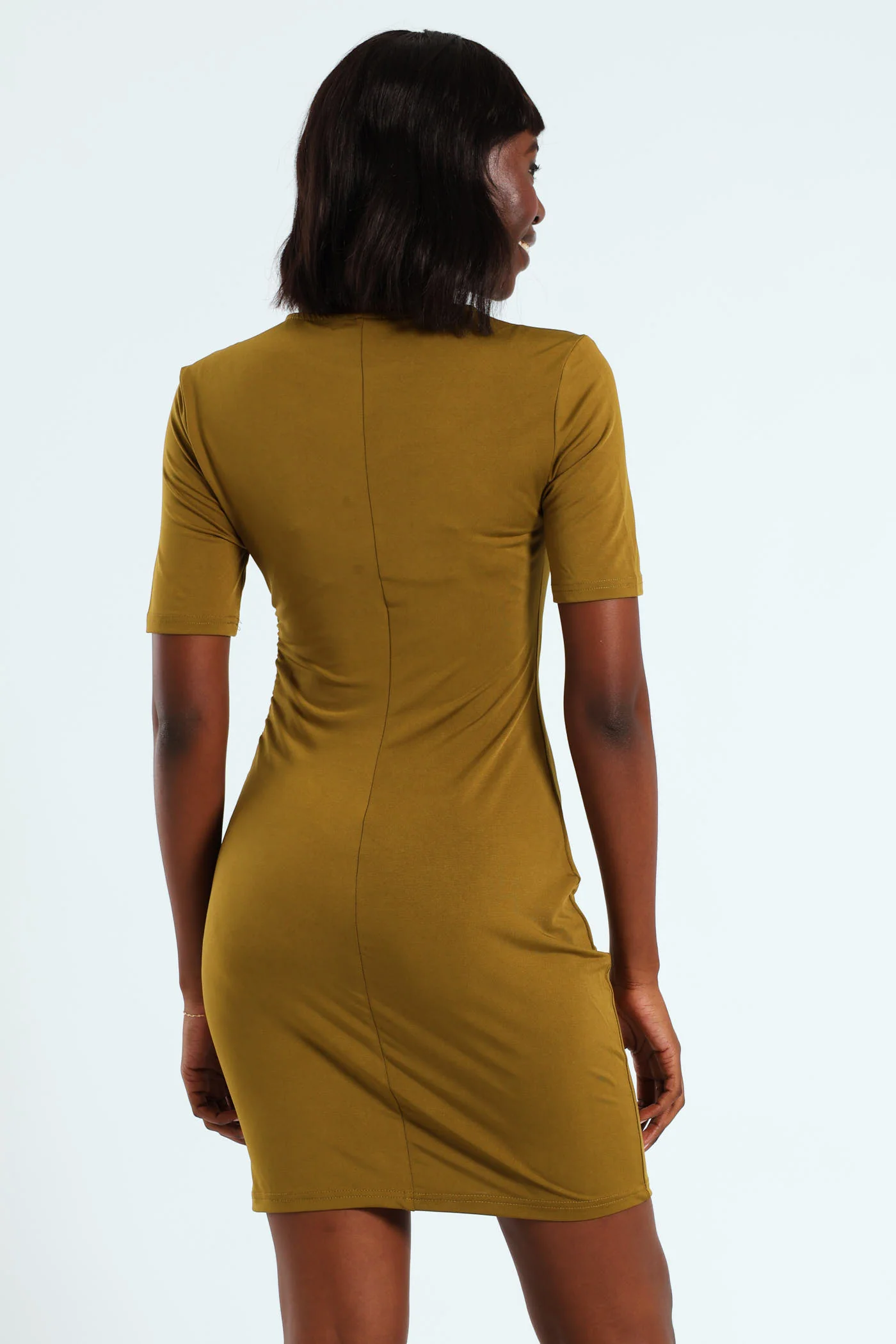 Short Sleeve Gauged Body Mini Dress - Chartreuse - Image 4