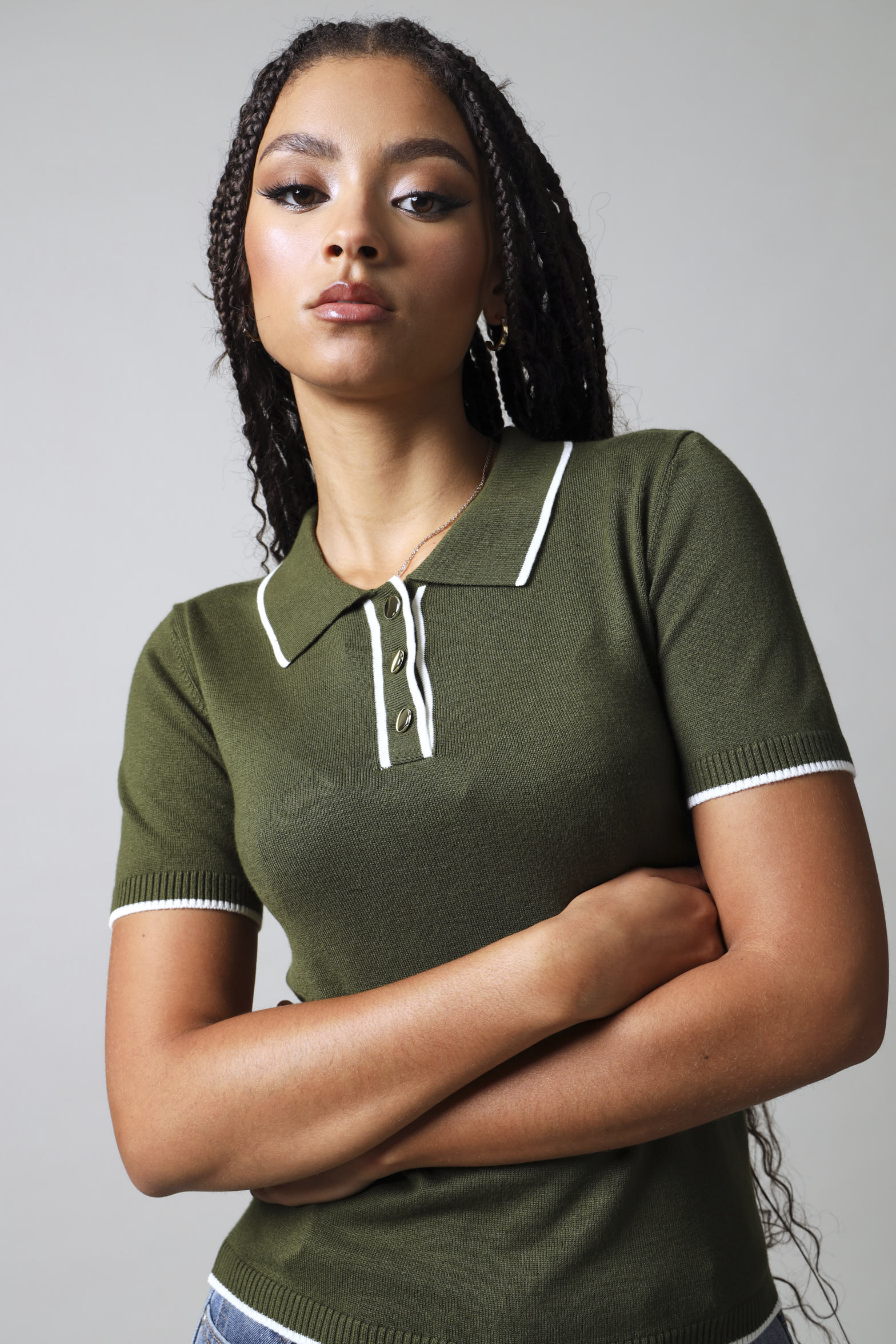 Short Sleeve Golfer With Contrast Detail - Fatigue