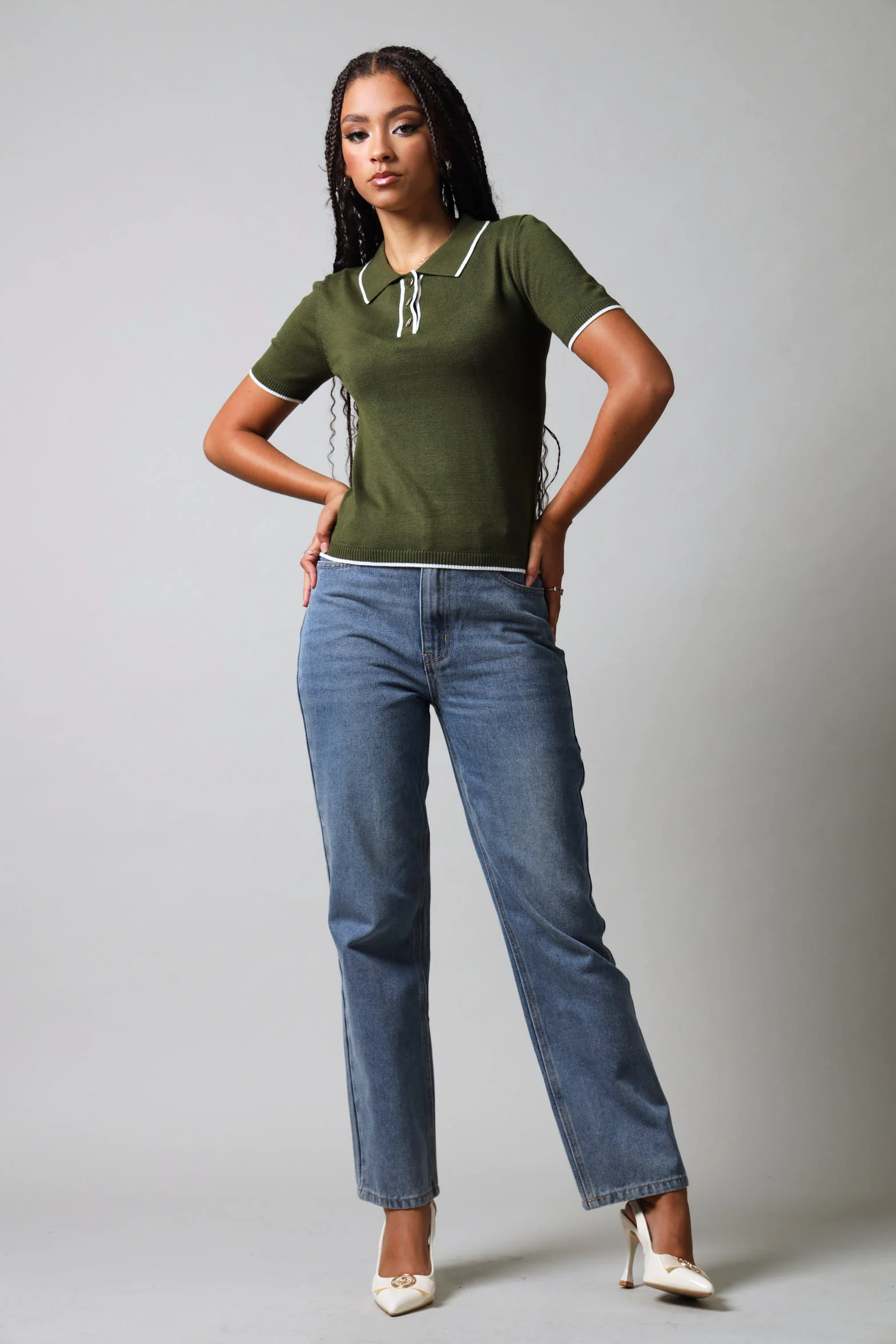Short Sleeve Golfer With Contrast Detail - Fatigue - Image 2