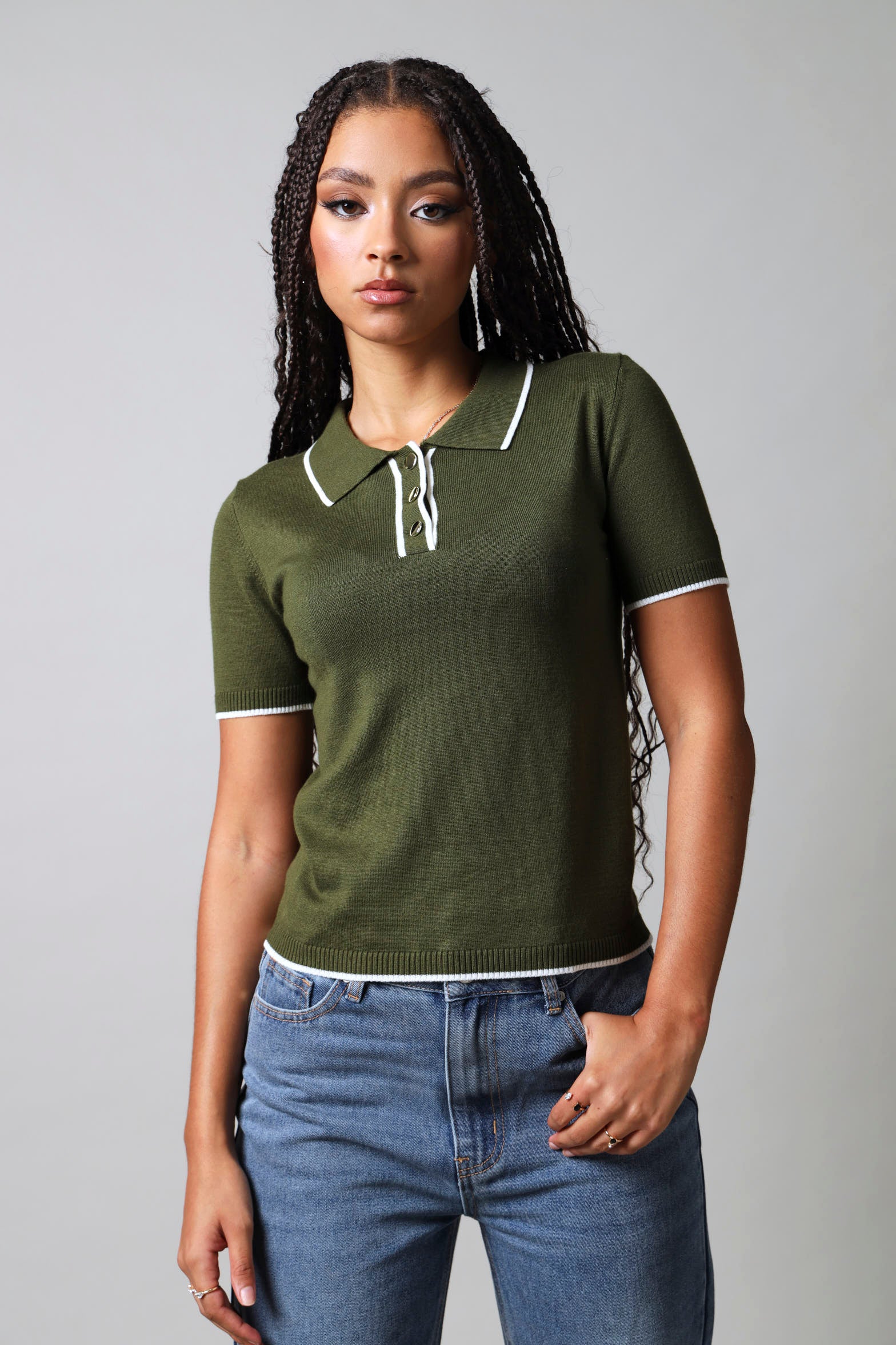 Short Sleeve Golfer With Contrast Detail - Fatigue - Image 3