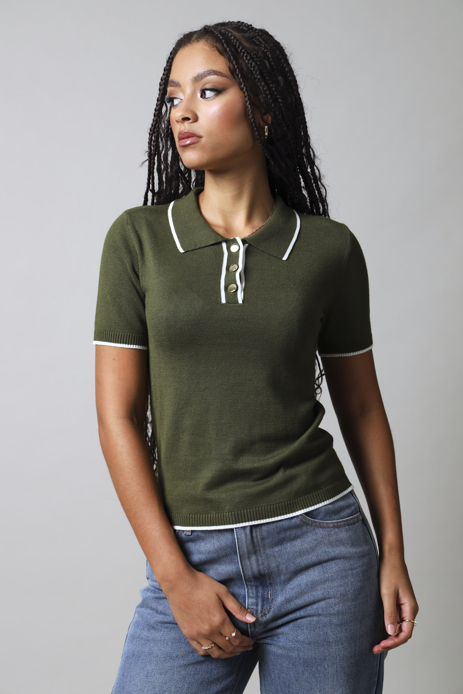 Short Sleeve Golfer With Contrast Detail - Fatigue - Image 4