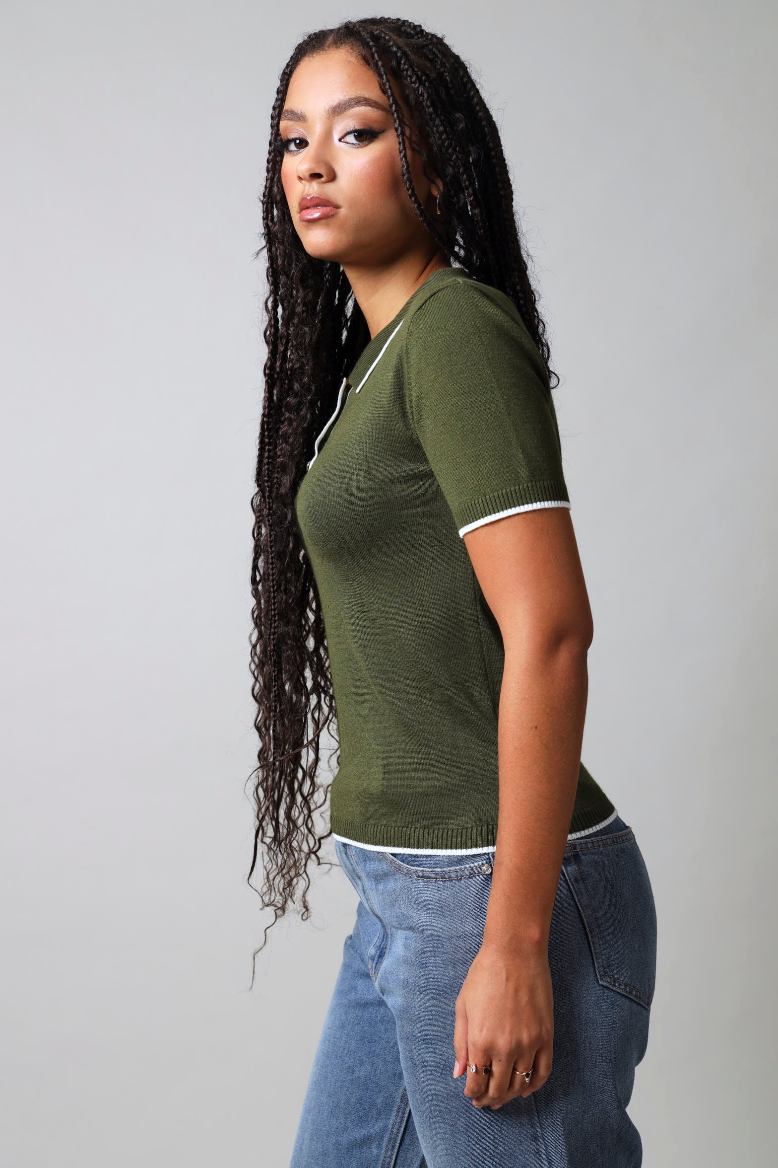 Short Sleeve Golfer With Contrast Detail - Fatigue - Image 6
