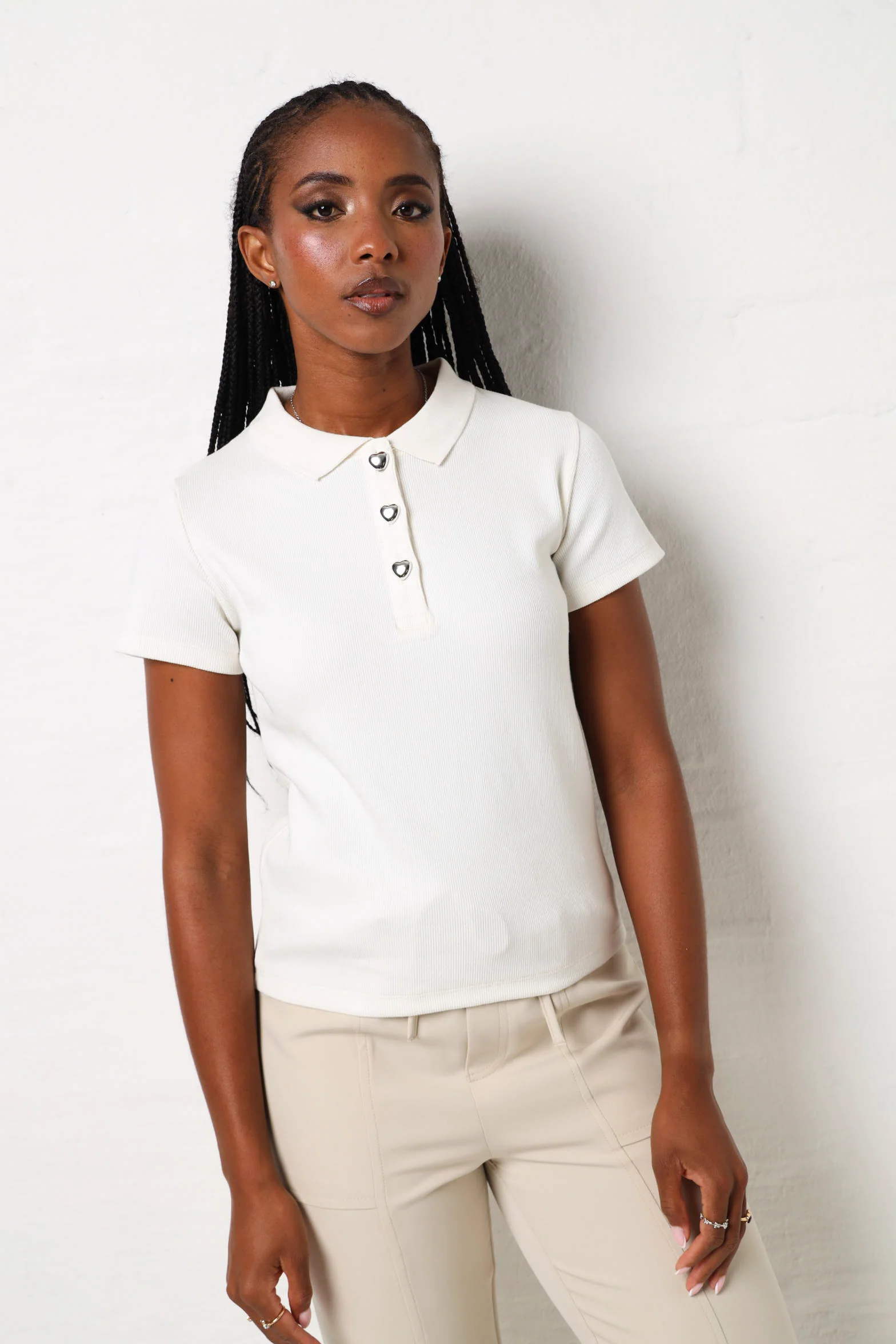 Short Sleeve Heart Button Golfer - White