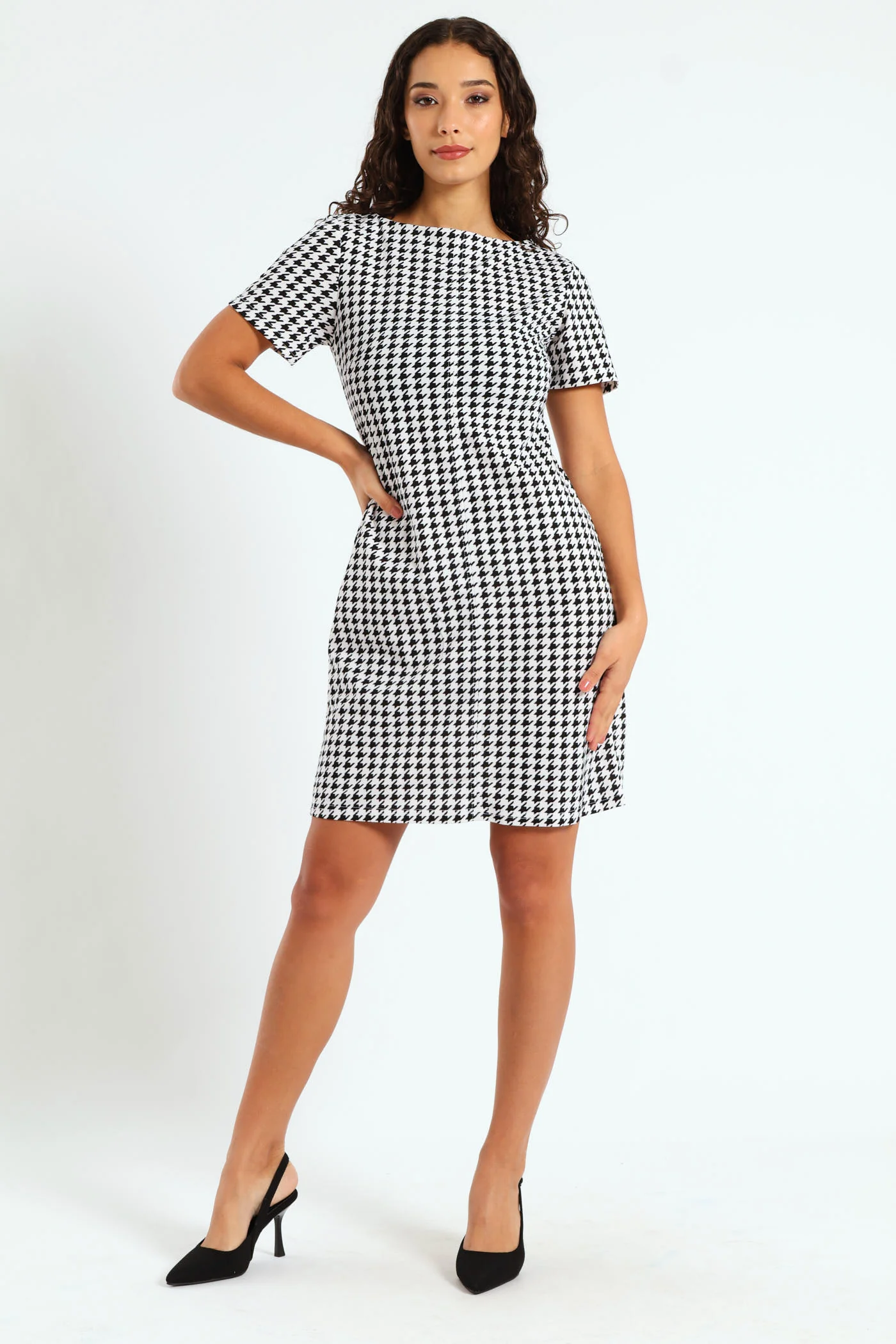 Short Sleeve Houndstooth Dress - Multi - Image 2