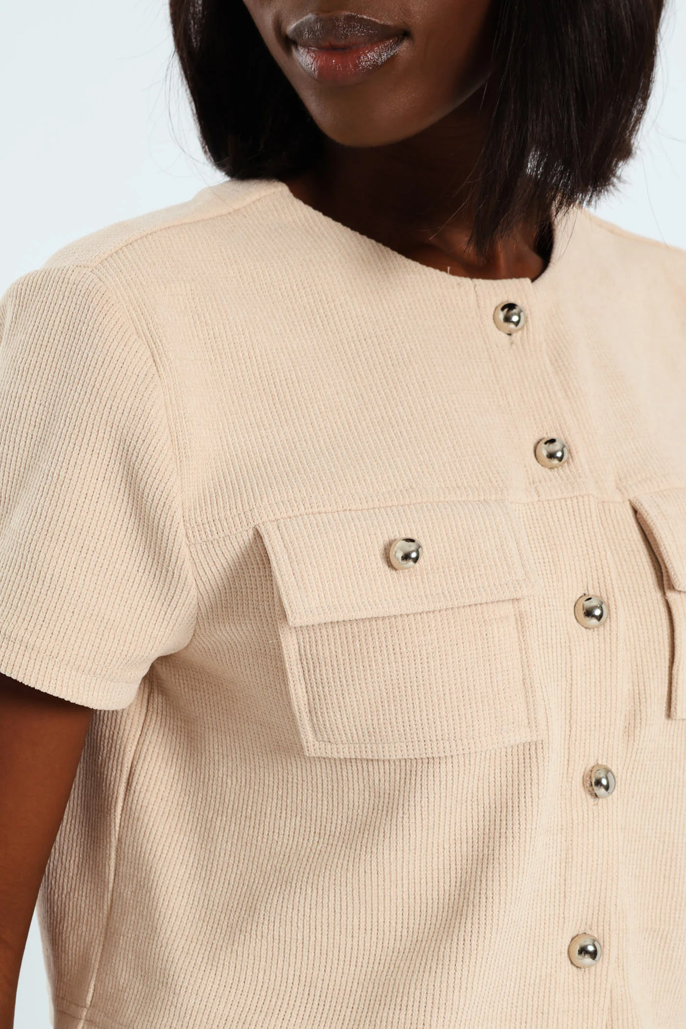 Short Sleeve Knit Cardi Top - Beige - Image 6