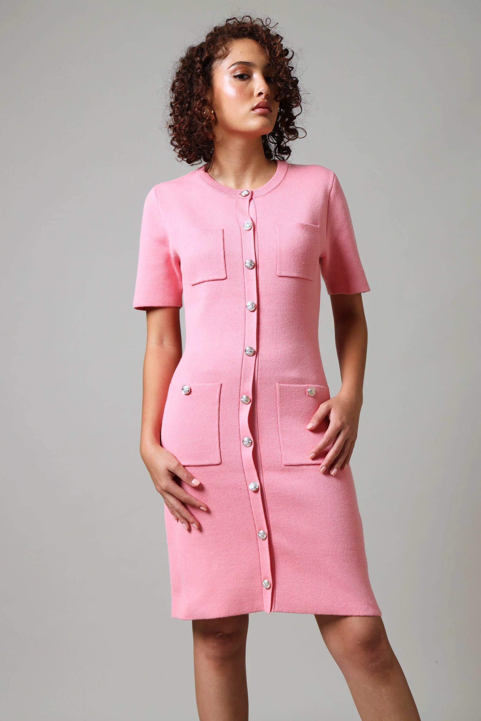 Short Sleeve Knitwear Dress - Pink
