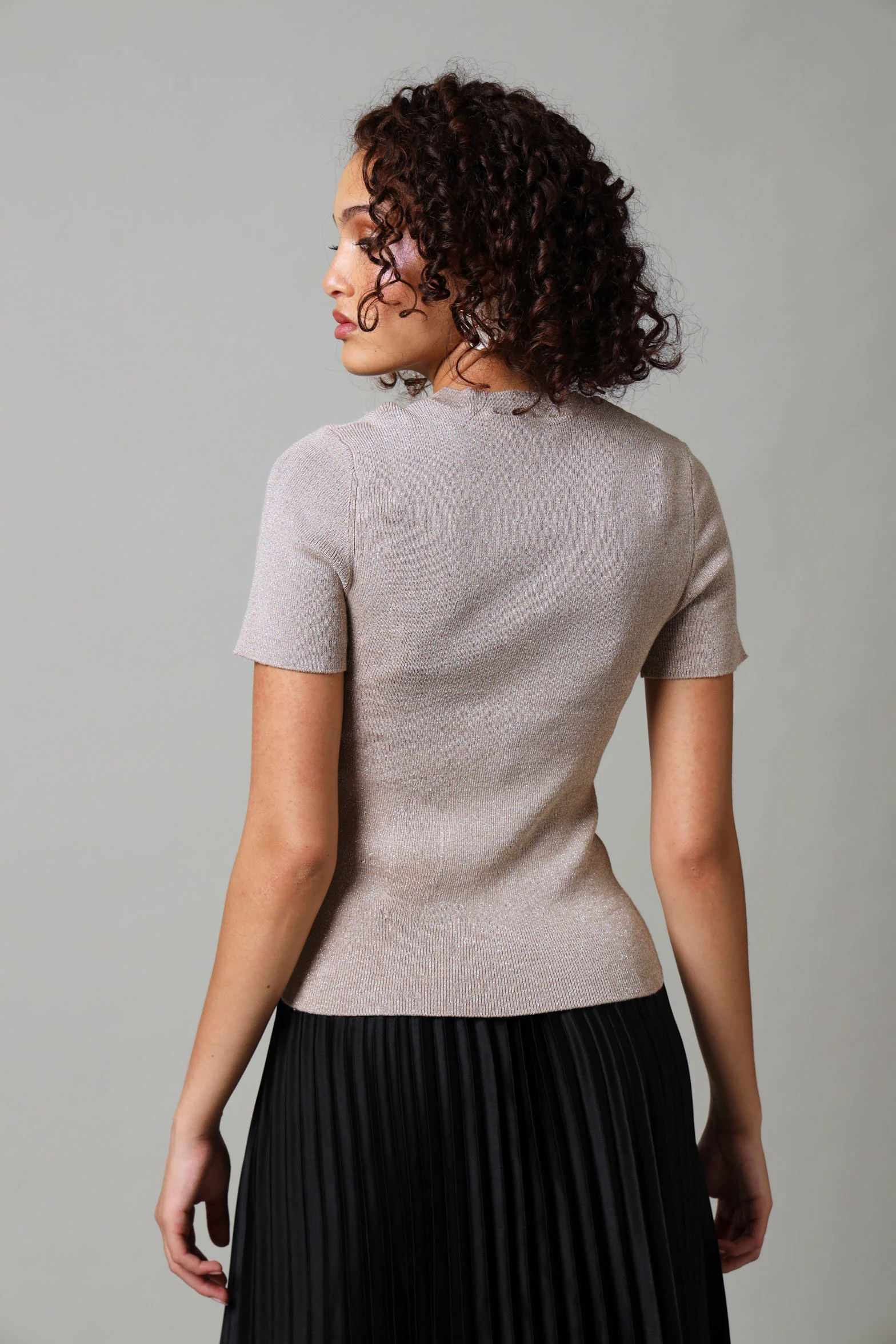 Short Sleeve Lurex Knitwear Top - Nude - Image 3