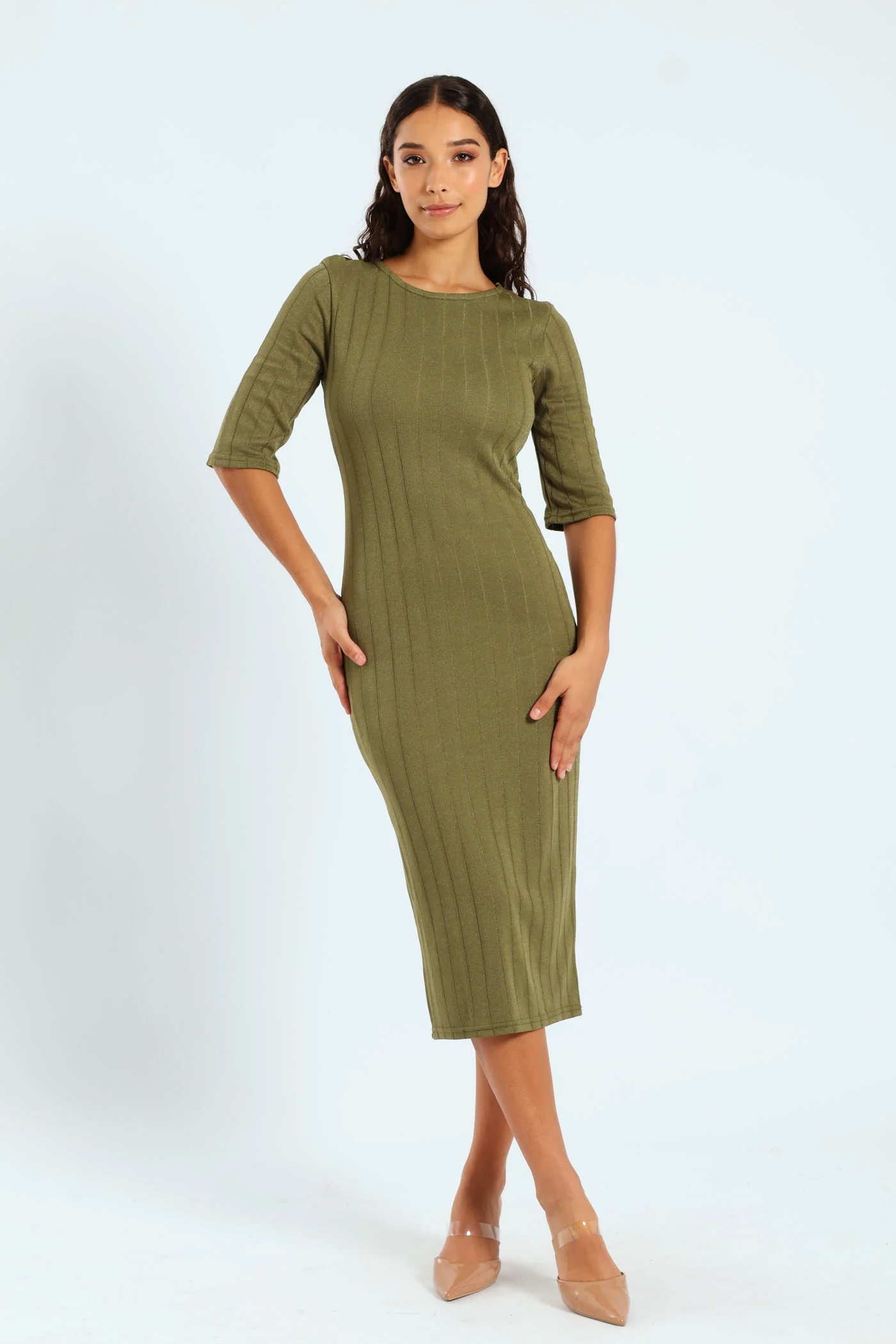 Short Sleeve Metallic Rib Dress - Fatigue - Image 2