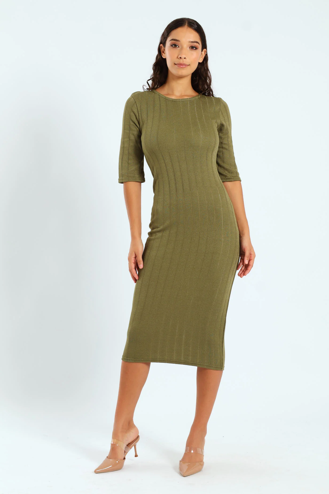 Short Sleeve Metallic Rib Dress - Fatigue - Image 5