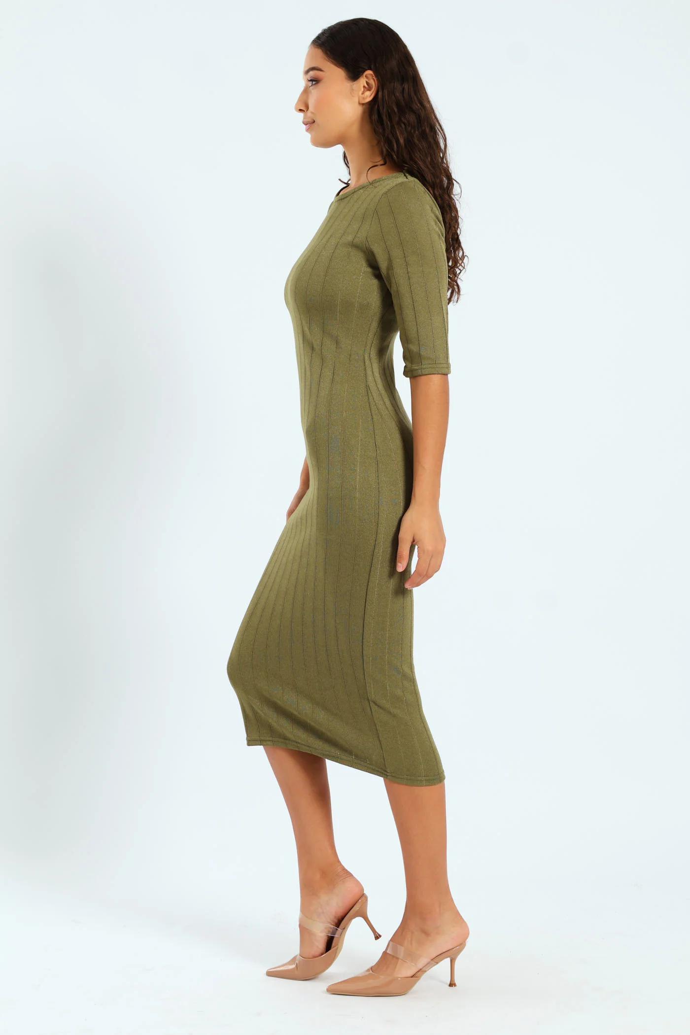 Short Sleeve Metallic Rib Dress - Fatigue - Image 6