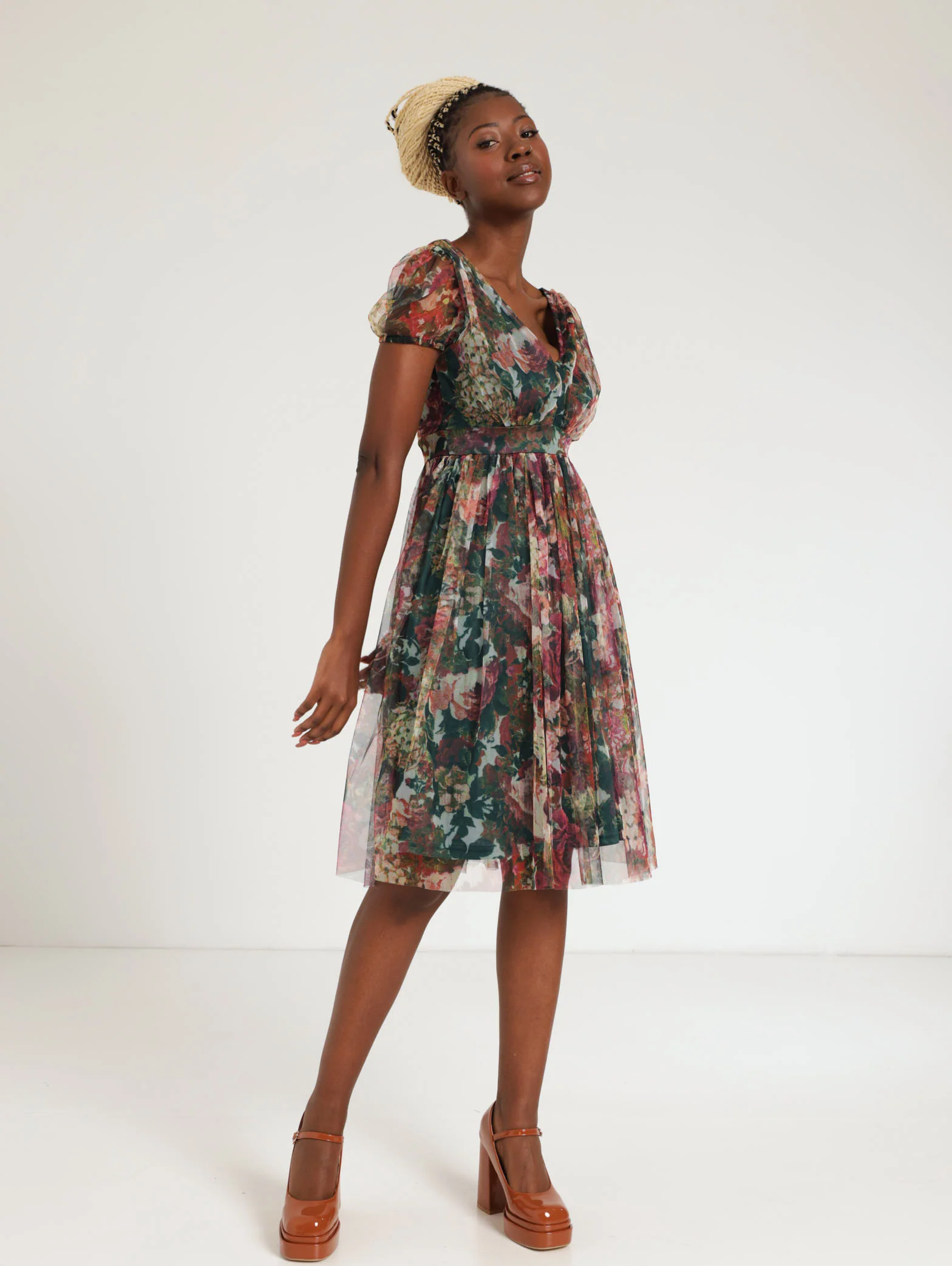 Short Sleeve Roughed Waist Floral Prom Dress