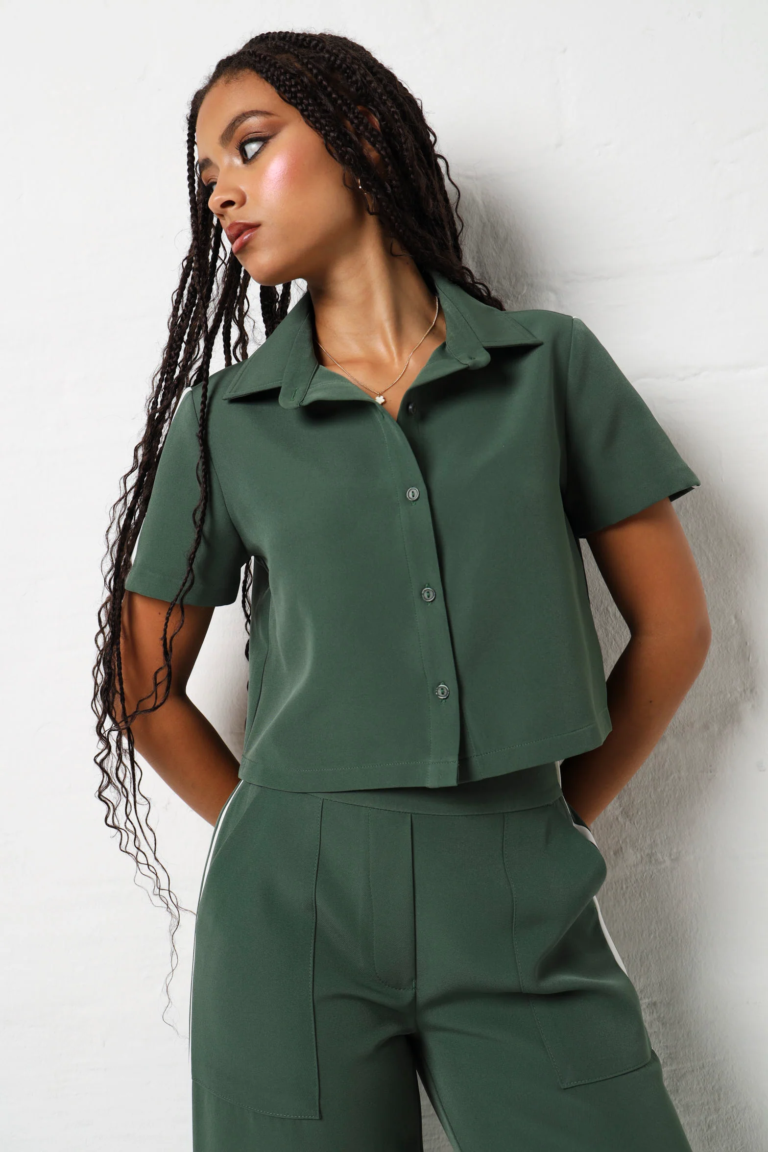 Short Sleeve Side Stripe Button Through Top - Fatigue