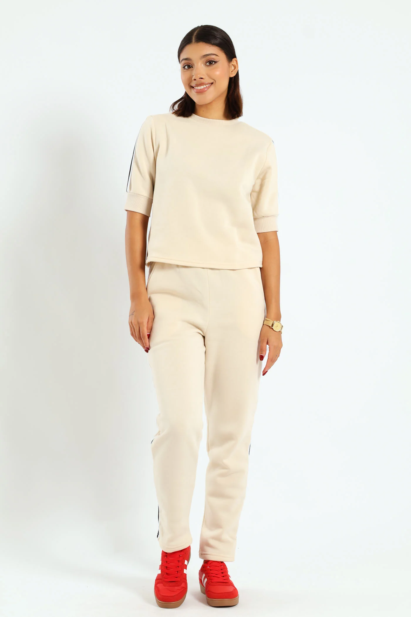 Short Sleeve Side Stripe Lounge Wear Tee - Cream - Image 2