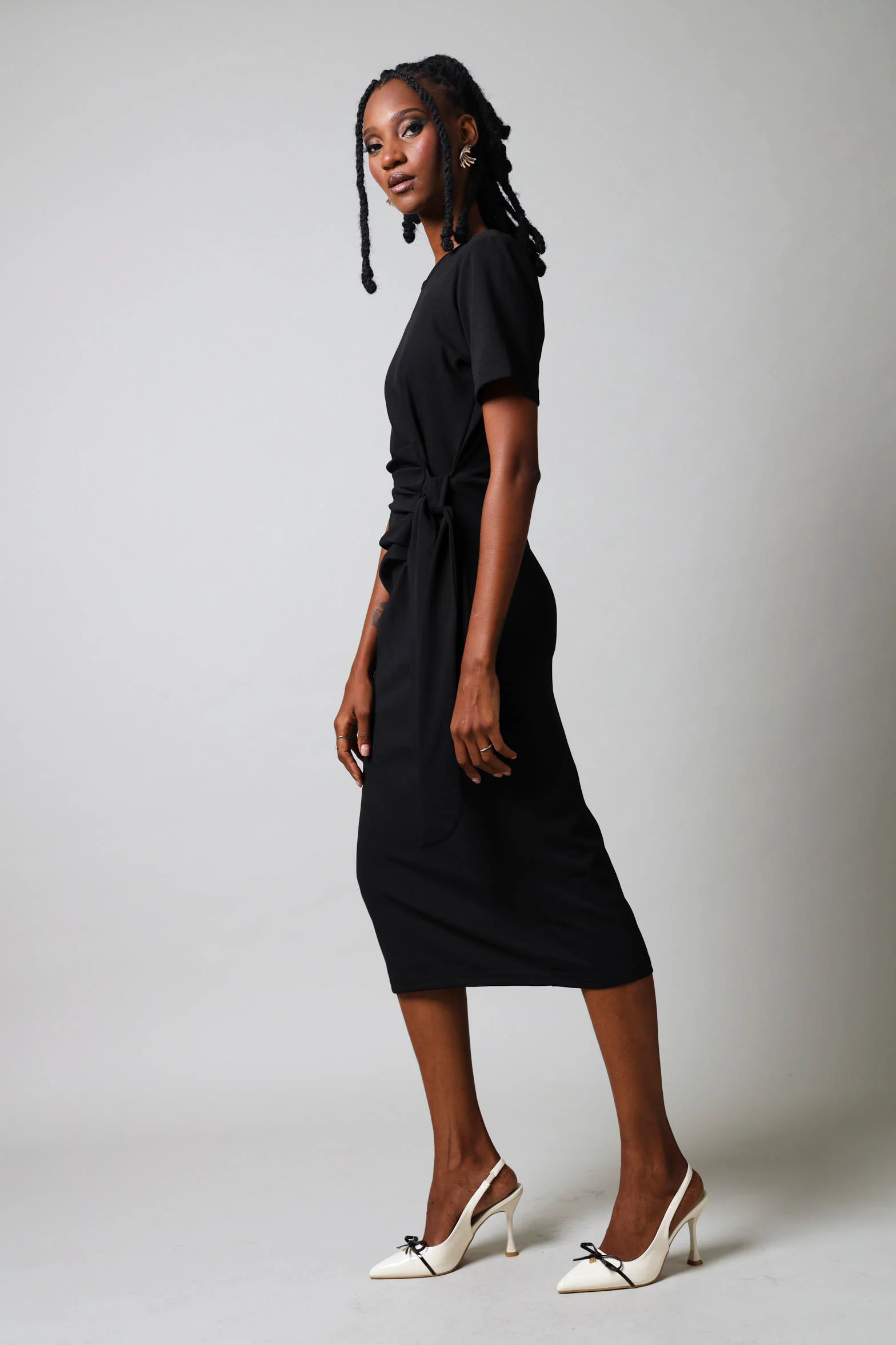 Short Sleeve Side Tie Bodycon Dress - Black - Image 3
