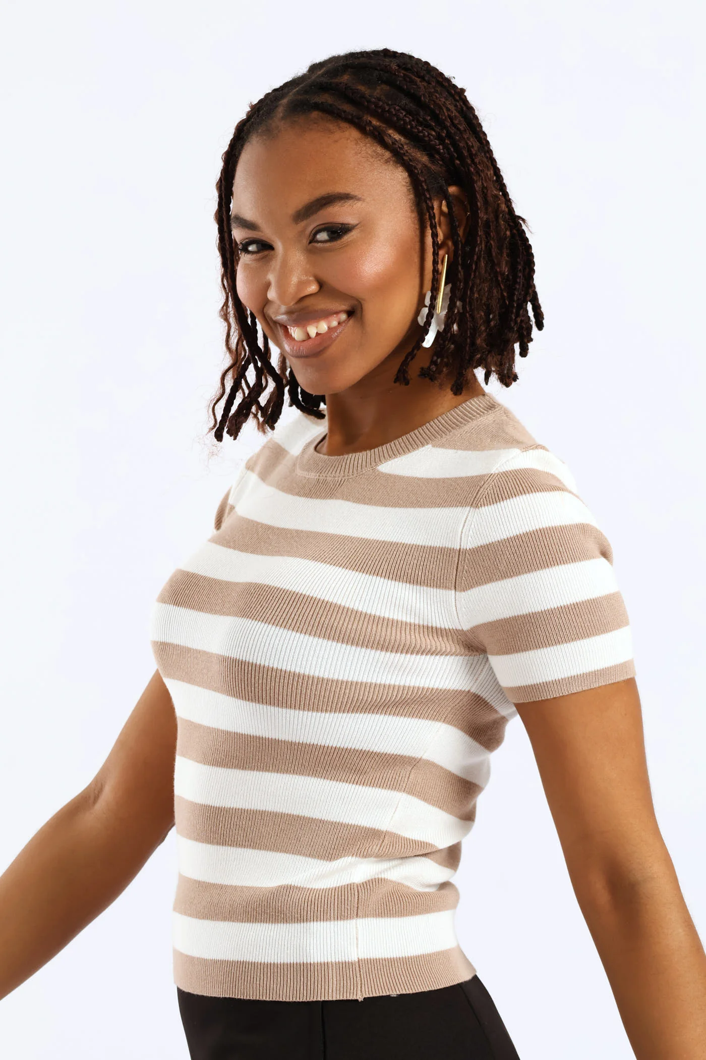 Short Sleeve Stripe Knitwear Top - Beige/White - Image 3