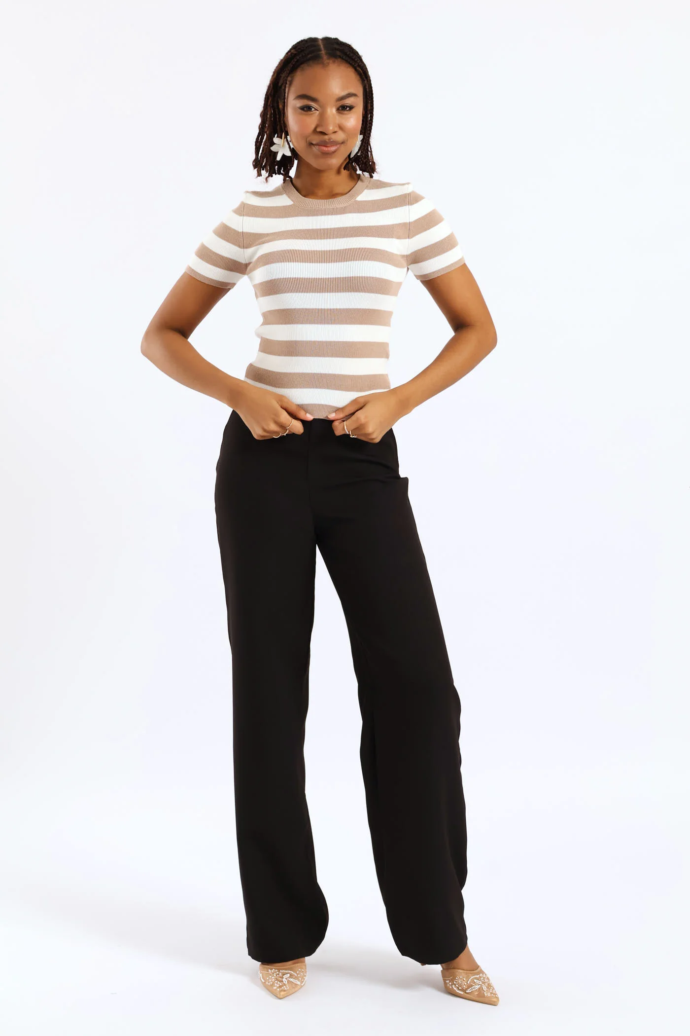 Short Sleeve Stripe Knitwear Top - Beige/White - Image 5