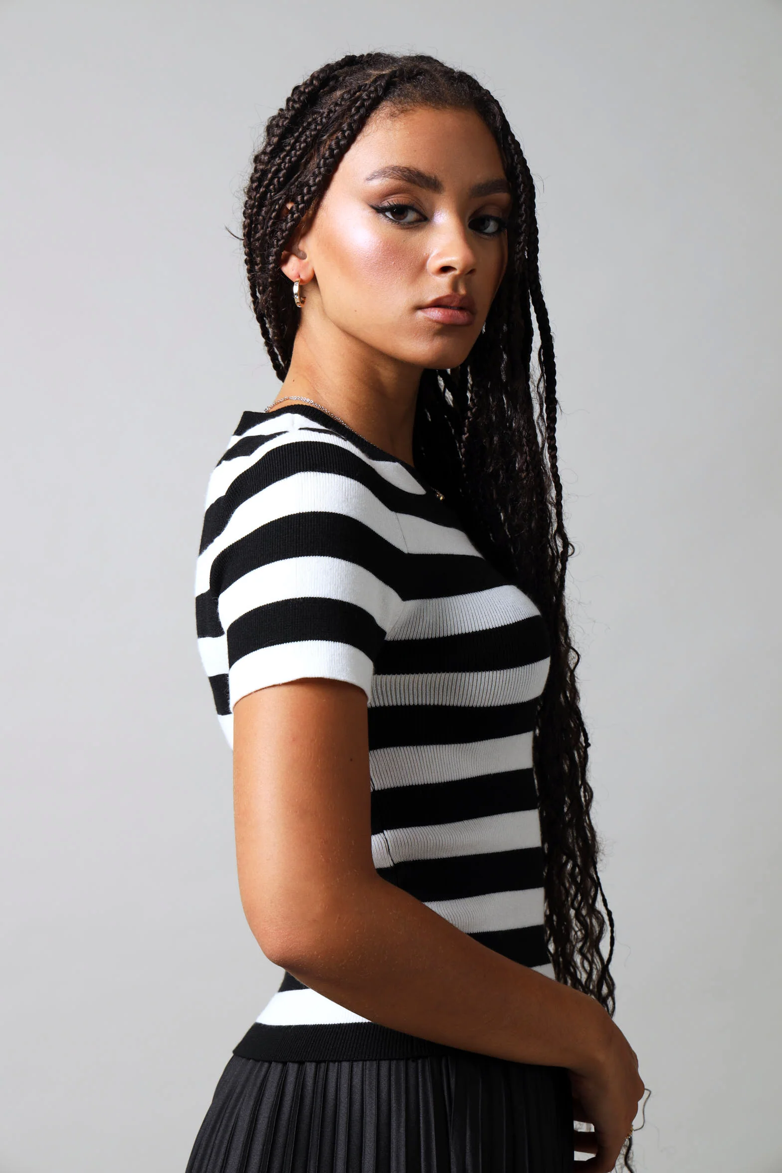 Short Sleeve Stripe Knitwear Top - Black/White - Image 2