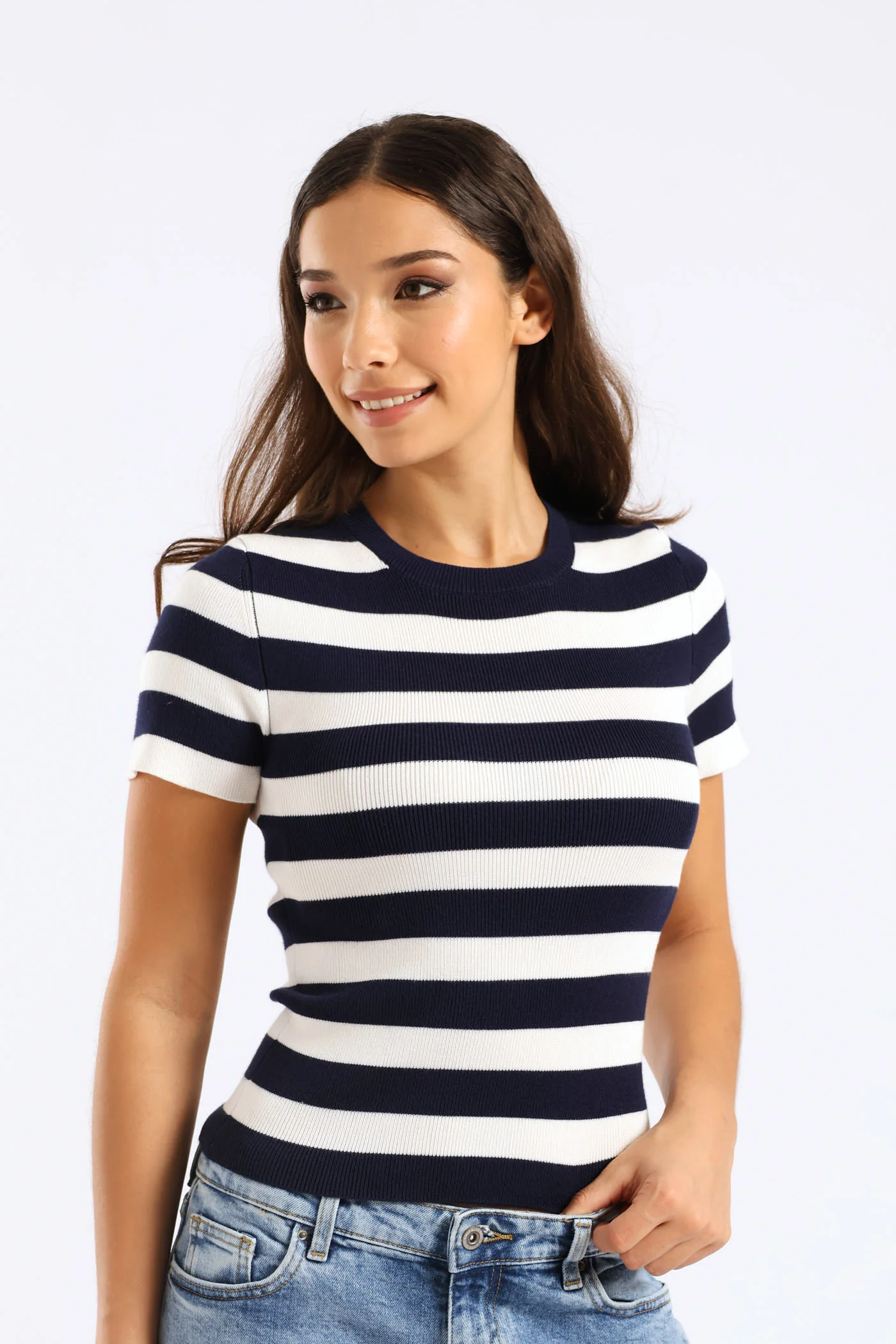 Short Sleeve Stripe Knitwear Top - Navy/White