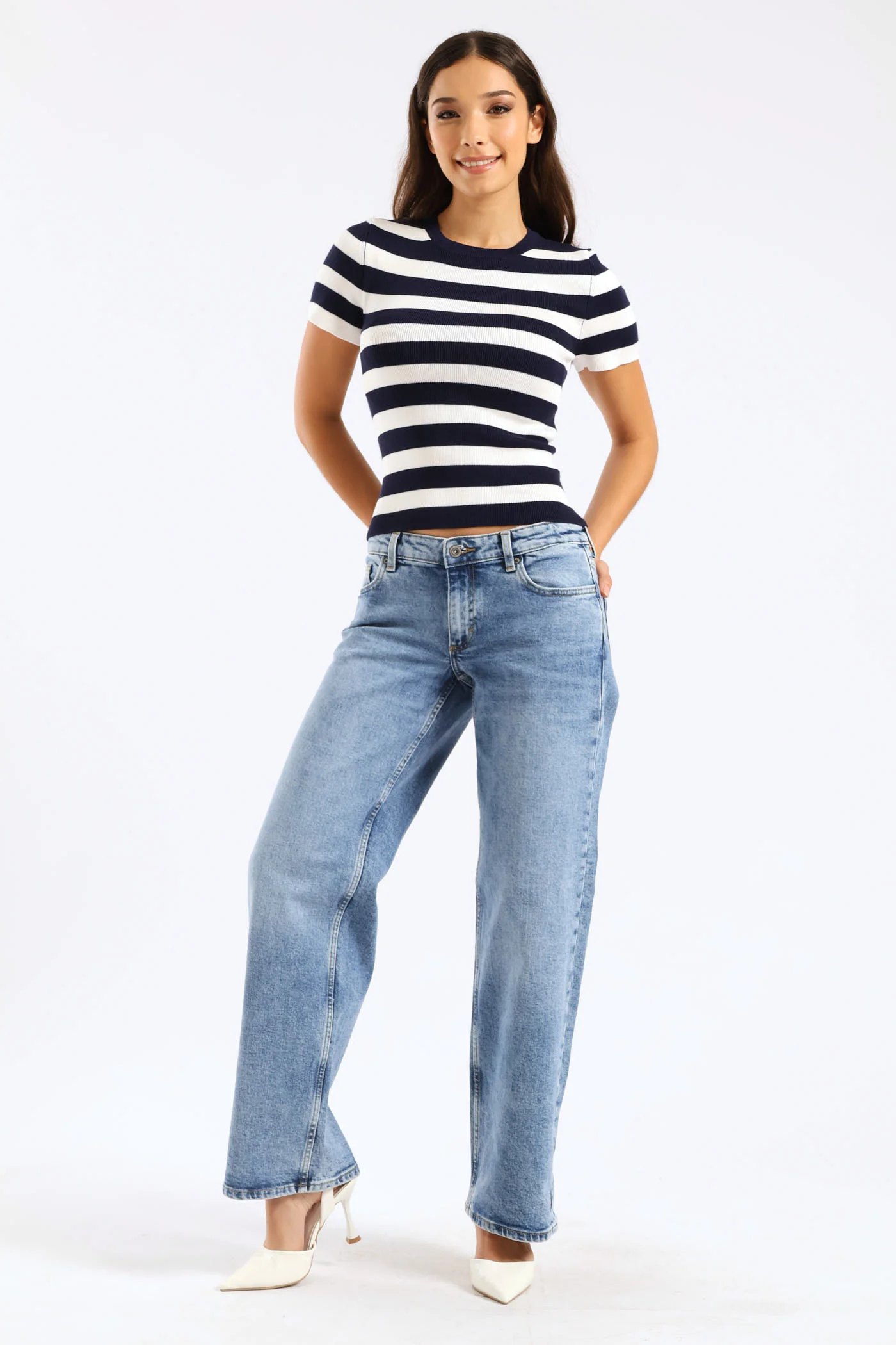 Short Sleeve Stripe Knitwear Top - Navy/White - Image 3