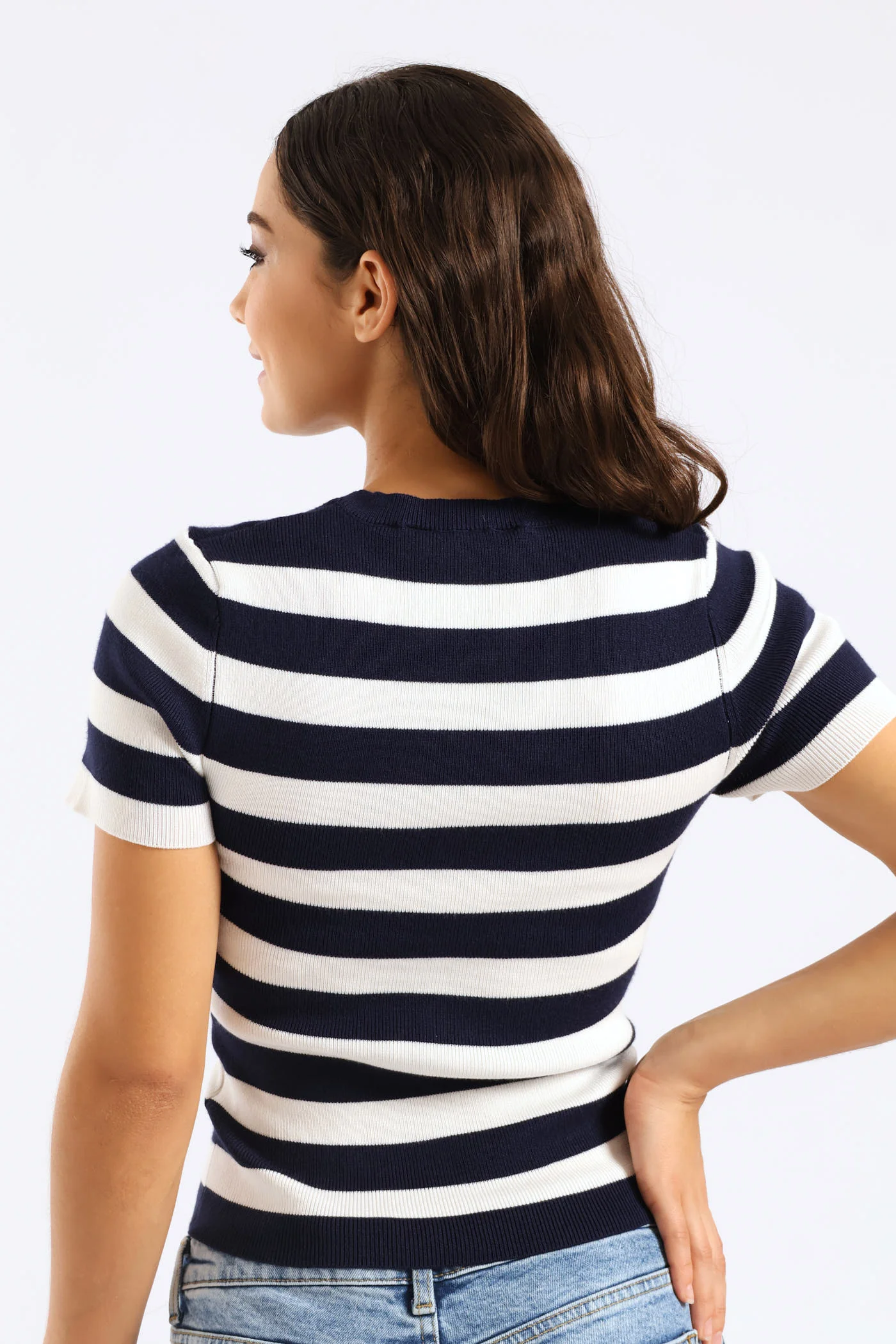 Short Sleeve Stripe Knitwear Top - Navy/White - Image 5