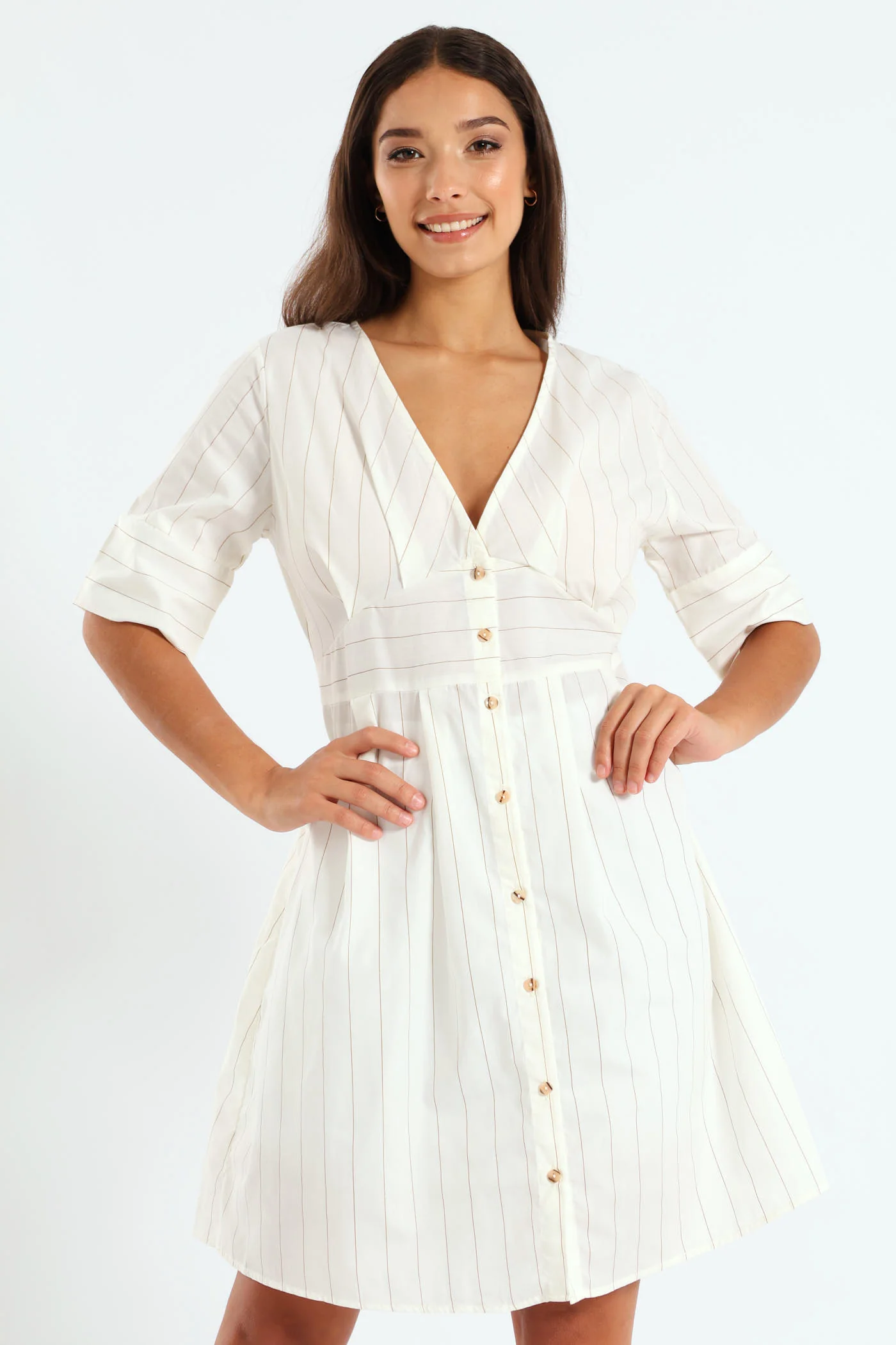 Short Sleeve Stripe Poplin Mini Dress - Stone